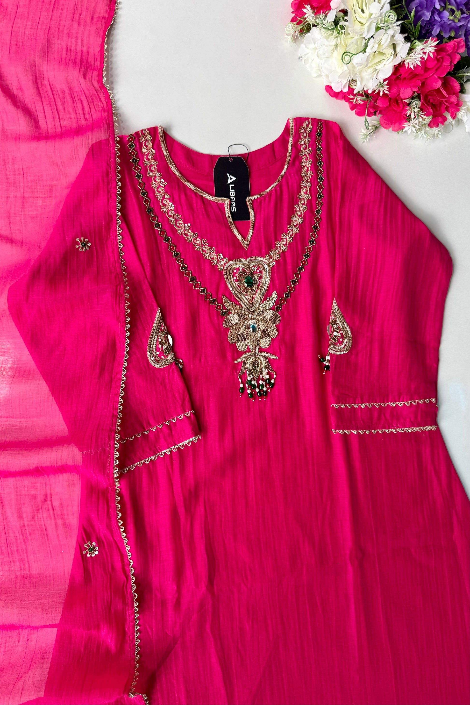 “Diamond” Trending Premium Pink  Mul Chanderi A Line Suit set 🛍️