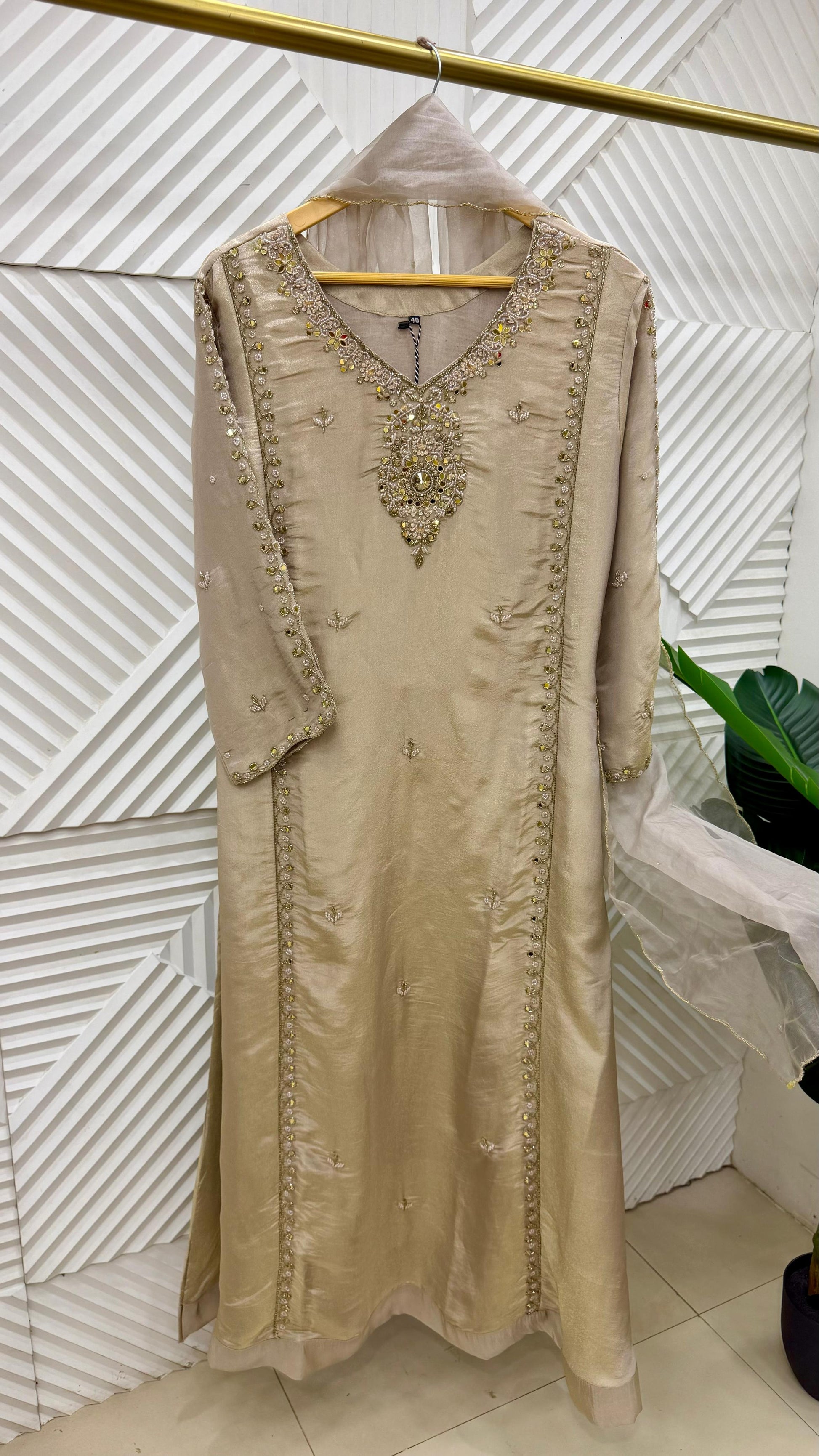 ✨Pearl – Premium Blush Mirror Work Tissue A Line Kurta Sets