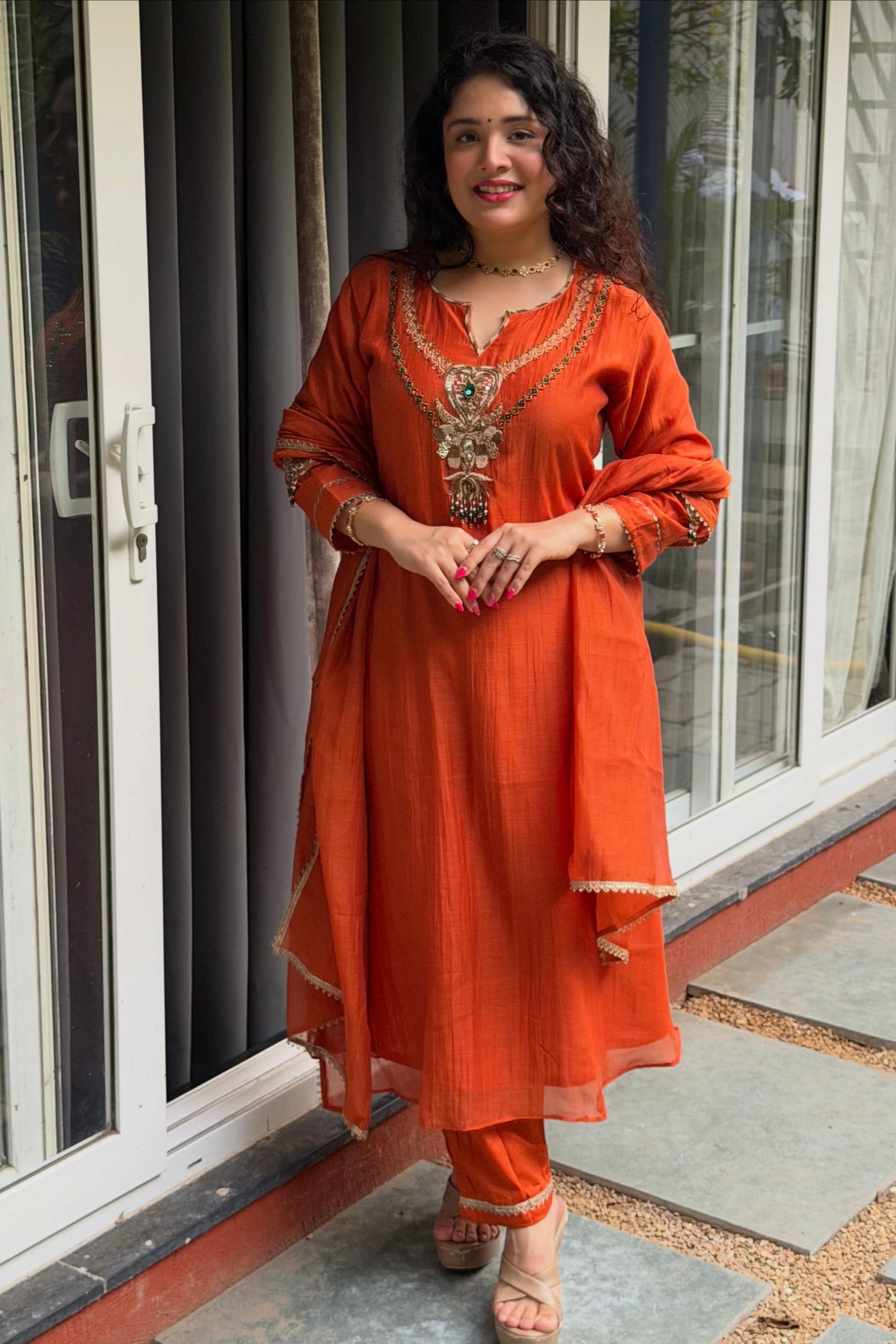 ✨”Falak - Premium Orange Mul Chanderi A-Line Kurta Set