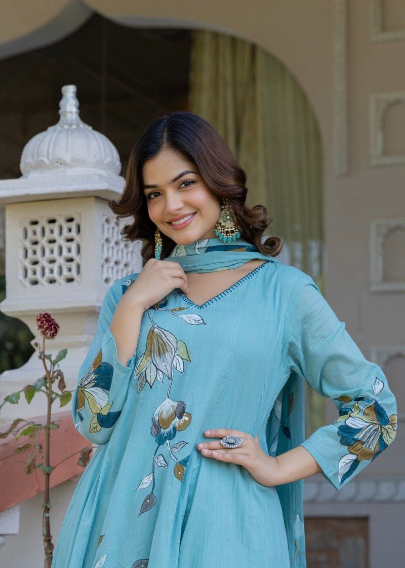 “Zoey” Premium Mulmul Hand brush print Anarkali suit