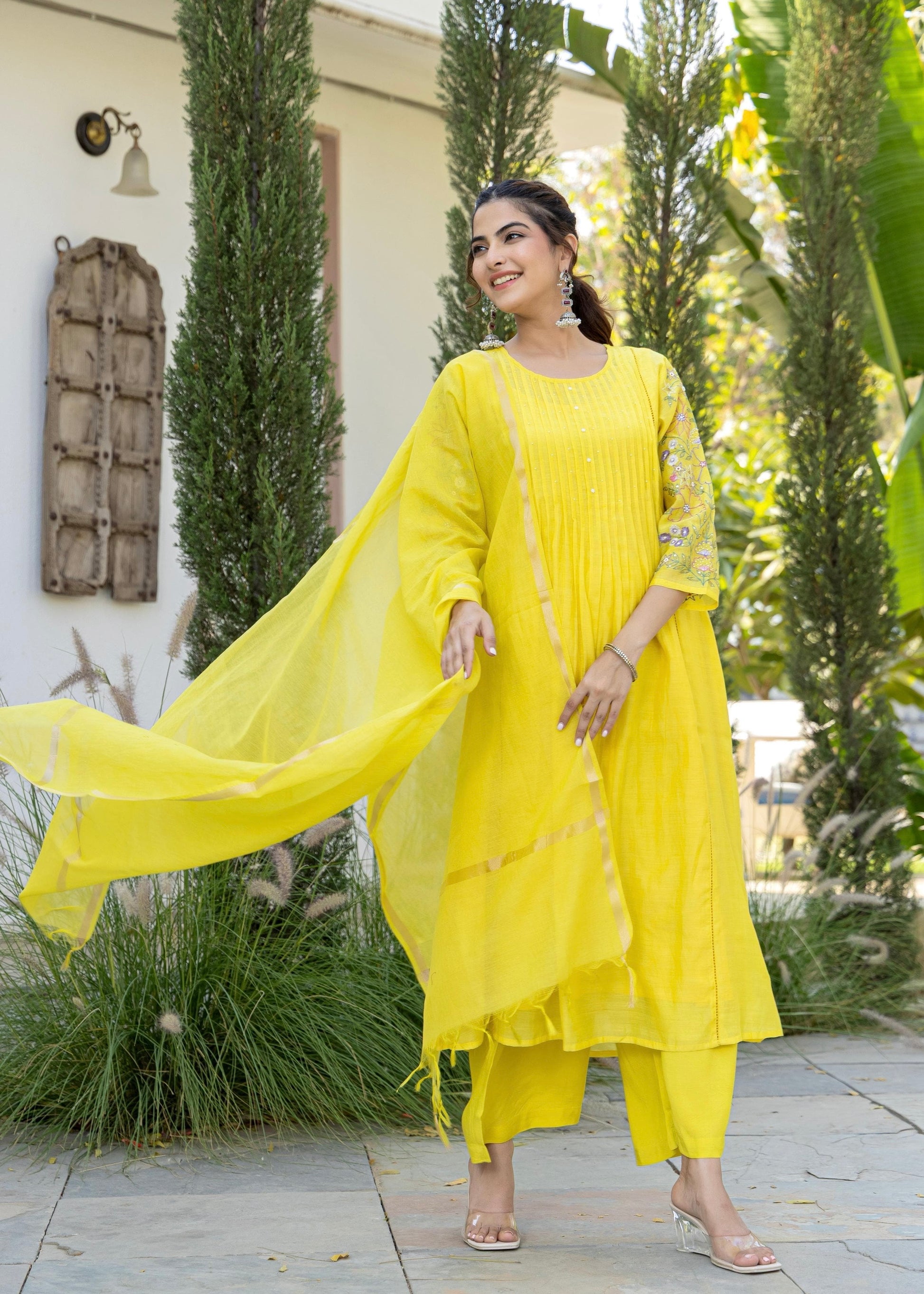 “Aanya” Bright Yellow Mul Chanderi Handwork Anarkali suit set