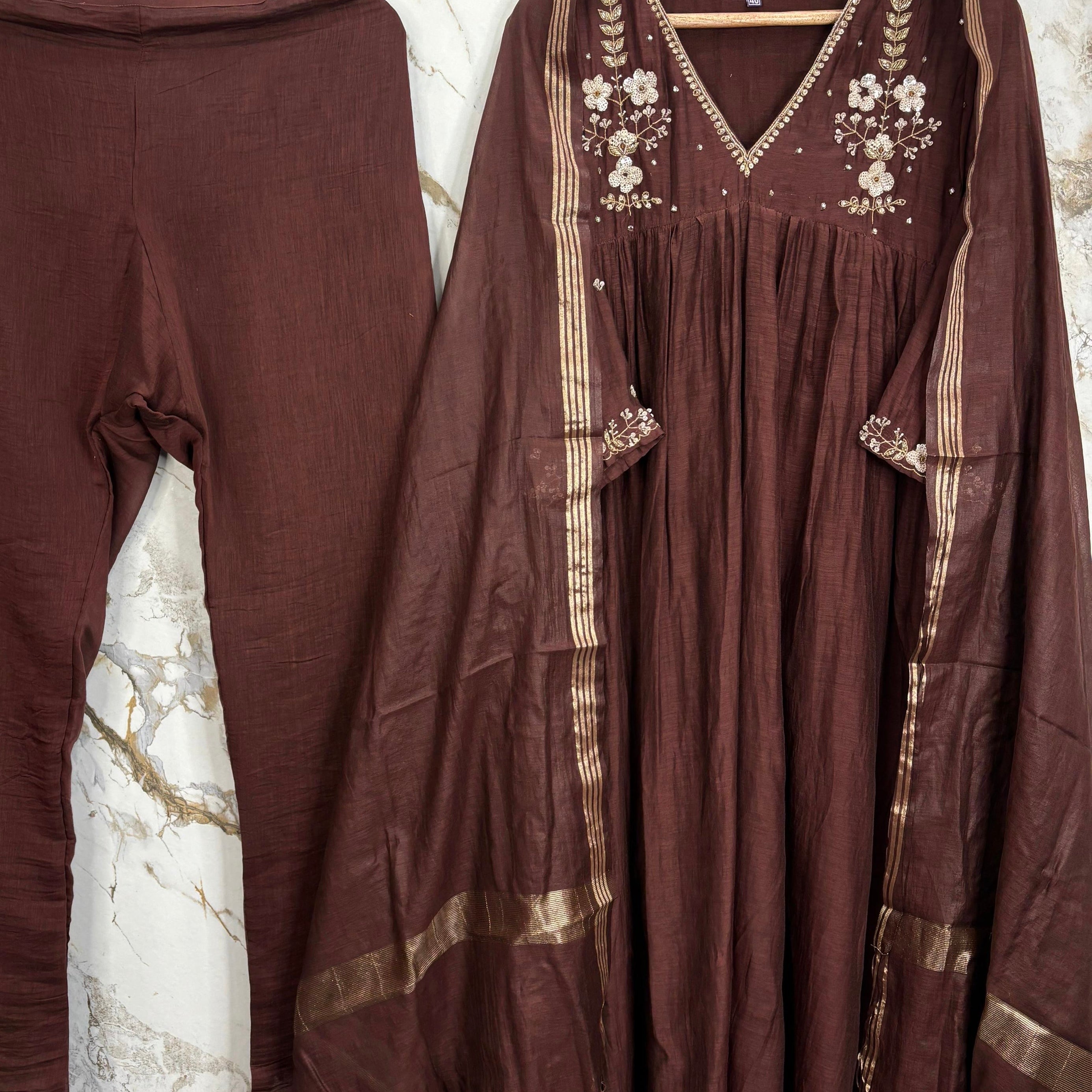 🛍️”Melody –  Premium Wine Banarsi Mul Chanderi A Line Suit