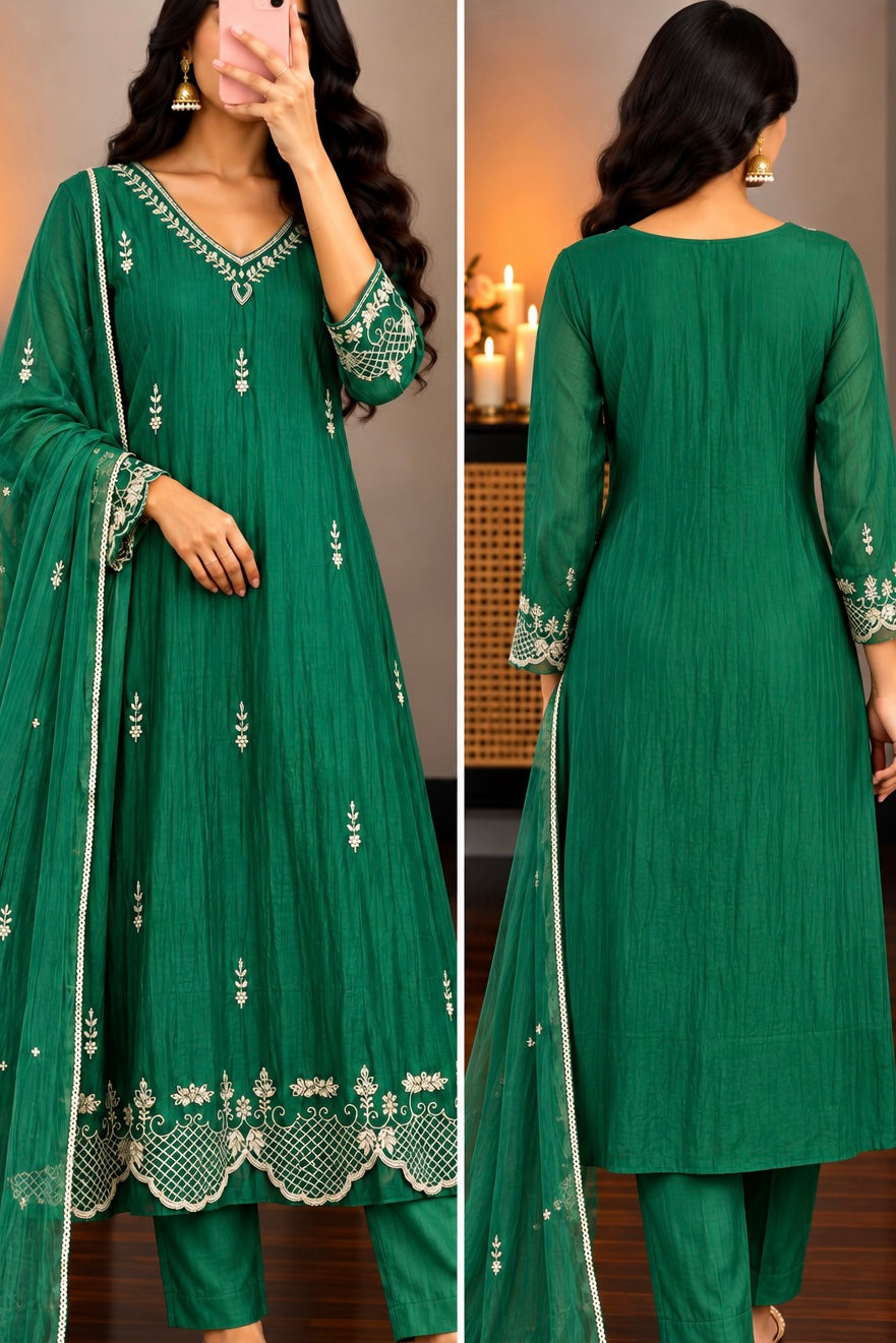 ✨Eshal - Premium Green Mul Chanderi A-Line Kurta Set