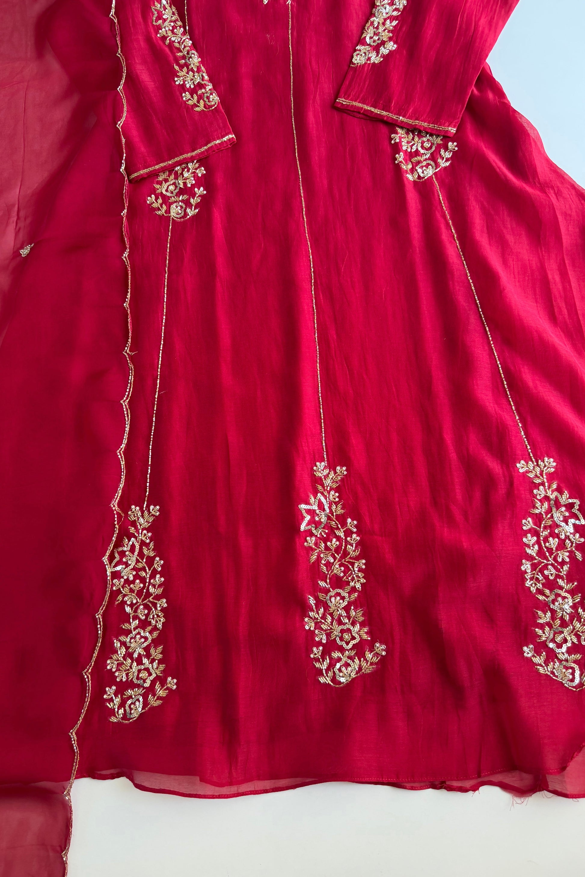 ✨”Rida - Premium Red Mul Chanderi A-Line Kurta Set