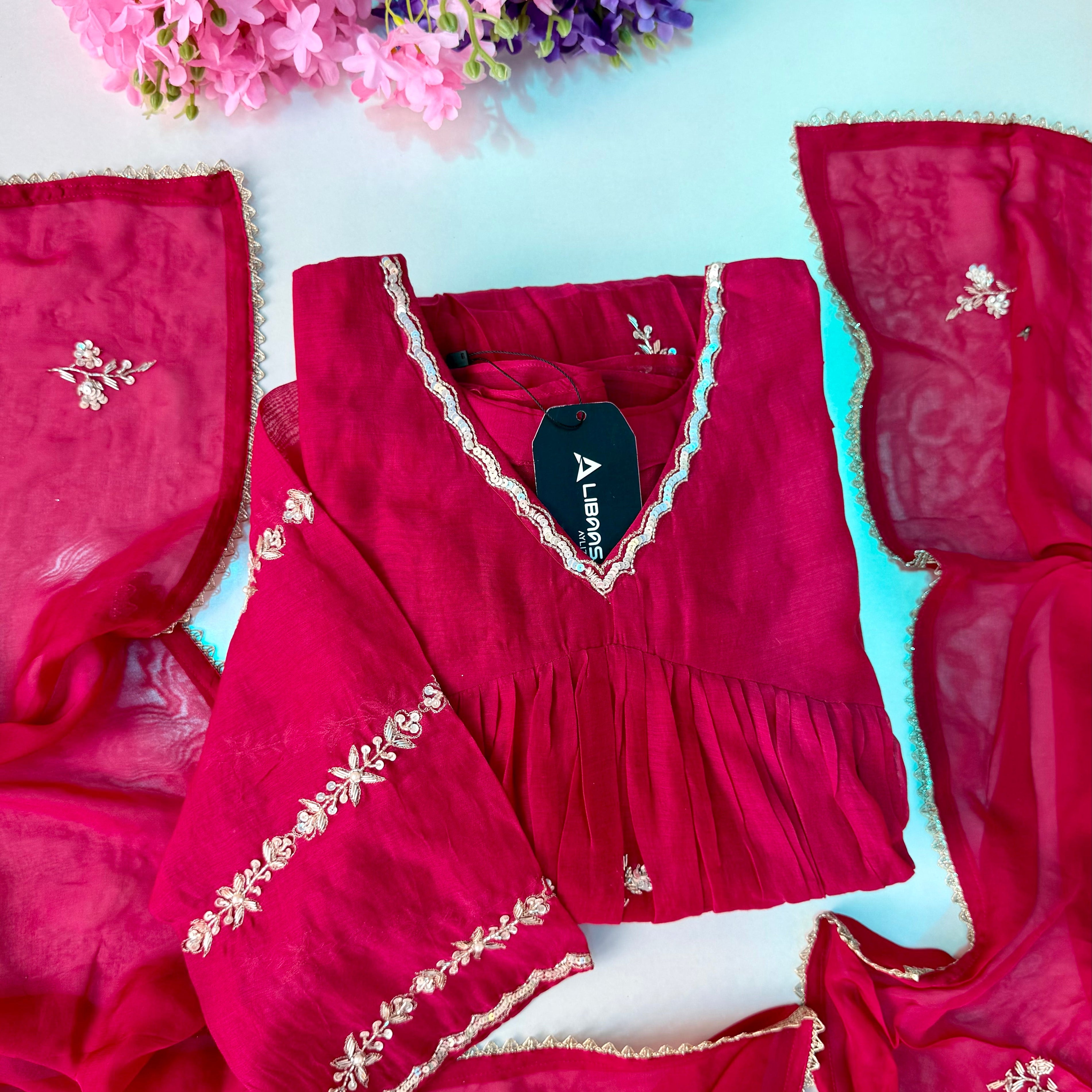 ❤️Princess – Premium Pink Mul Chanderi A Line Kurta Set