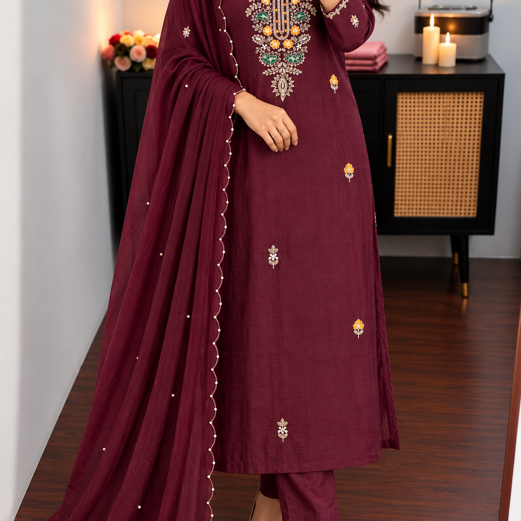“ISHIKA” Brwon handcrafted dola silk kurti sets