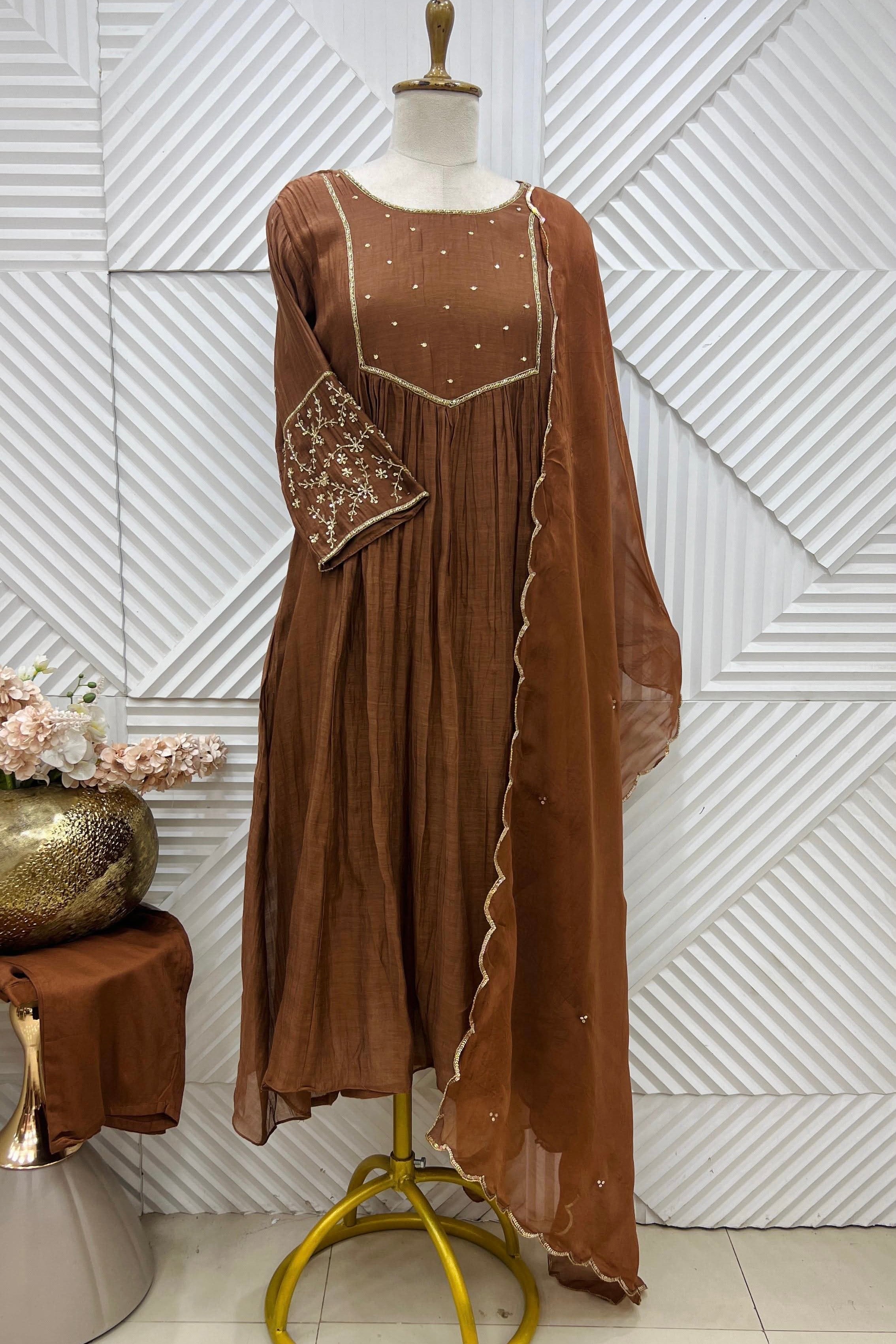 ✨”Cocoa– Premium Brown Mul Chanderi A-Line Kurta Set✨