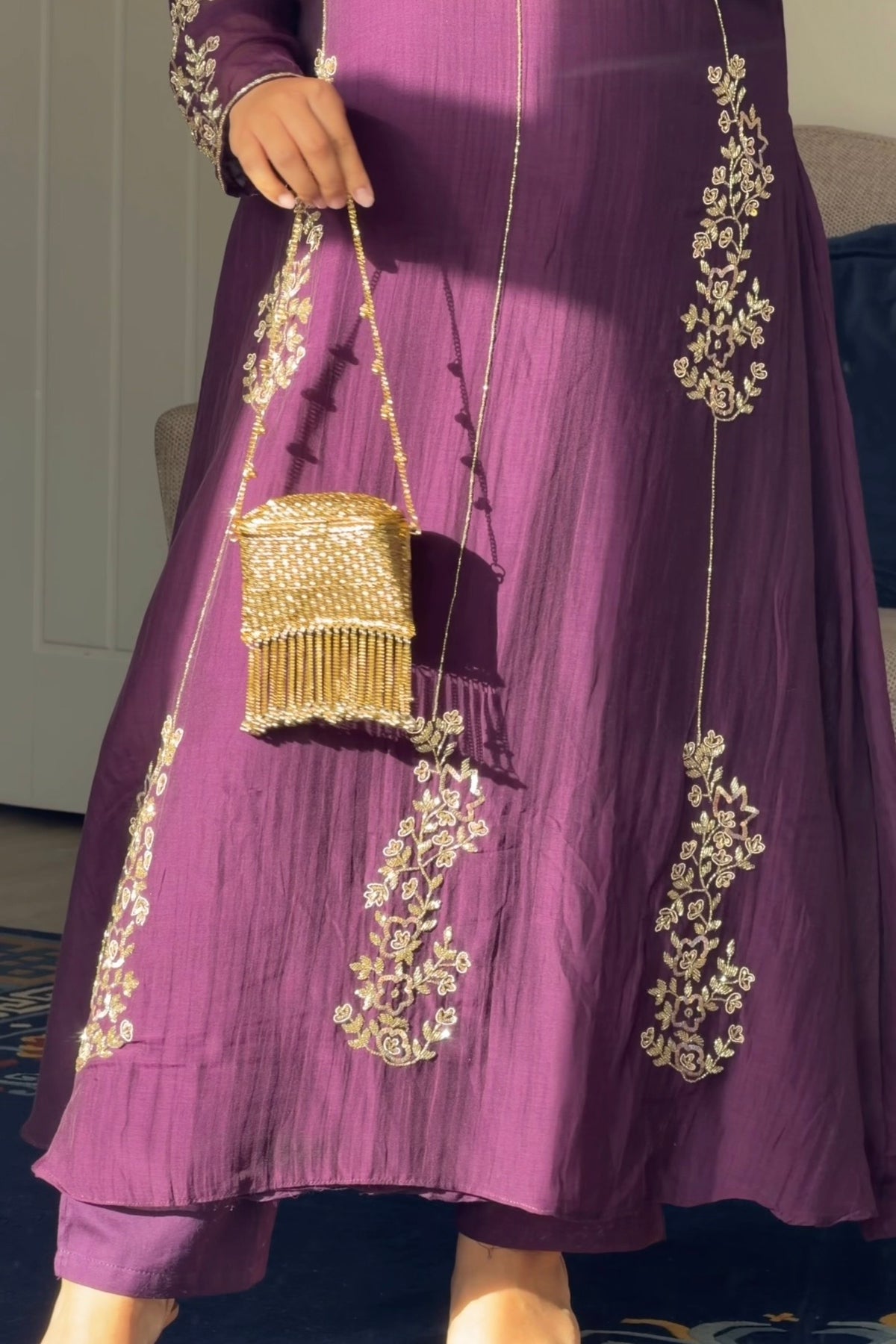 ✨Rida - Premium Purple Mul Chanderi A-Line Kurta Set