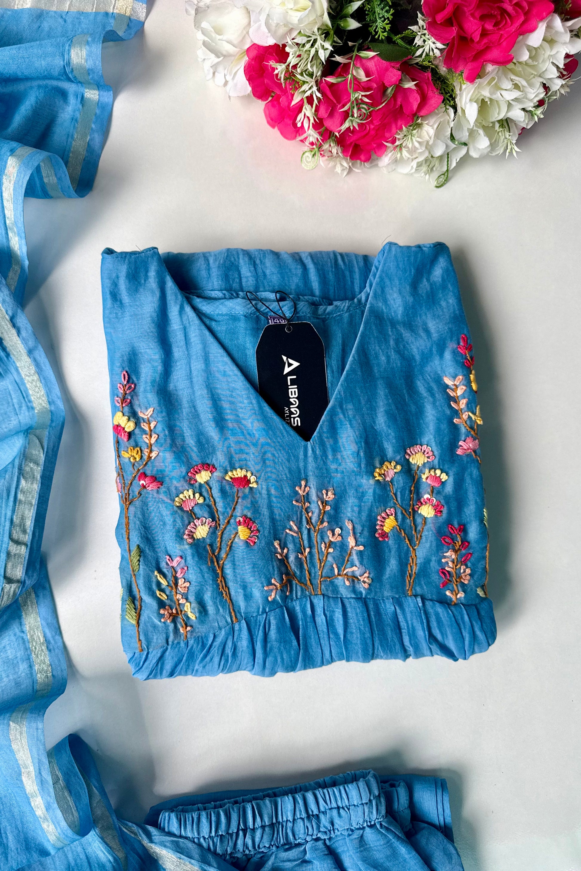 💙AYRA- Azure Blue Mul Chanderi Thread Work Anarkali Kurta Set