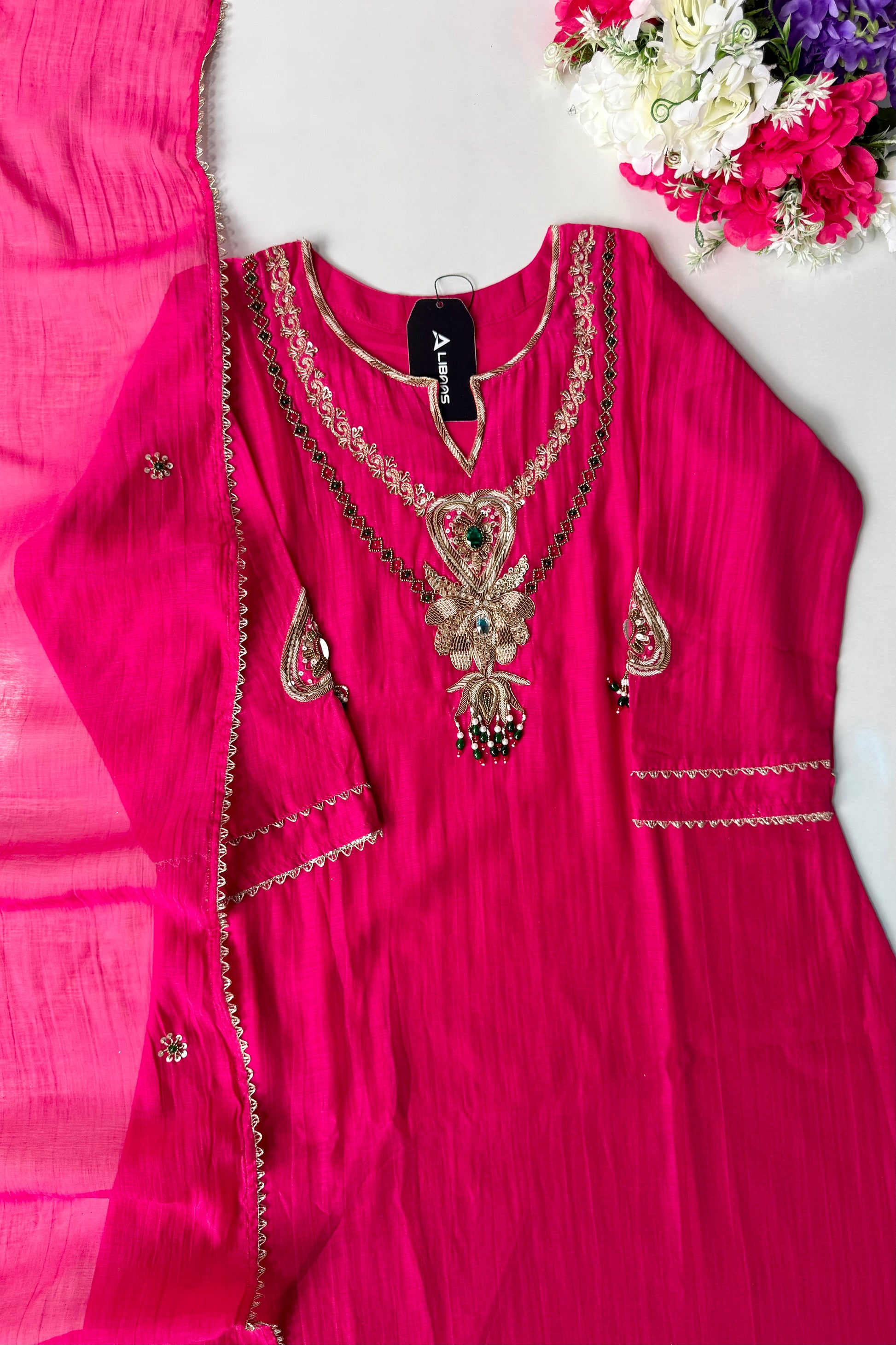 ✨”Falak - Premium Royal Pink Mul Chanderi A-Line Kurta Set