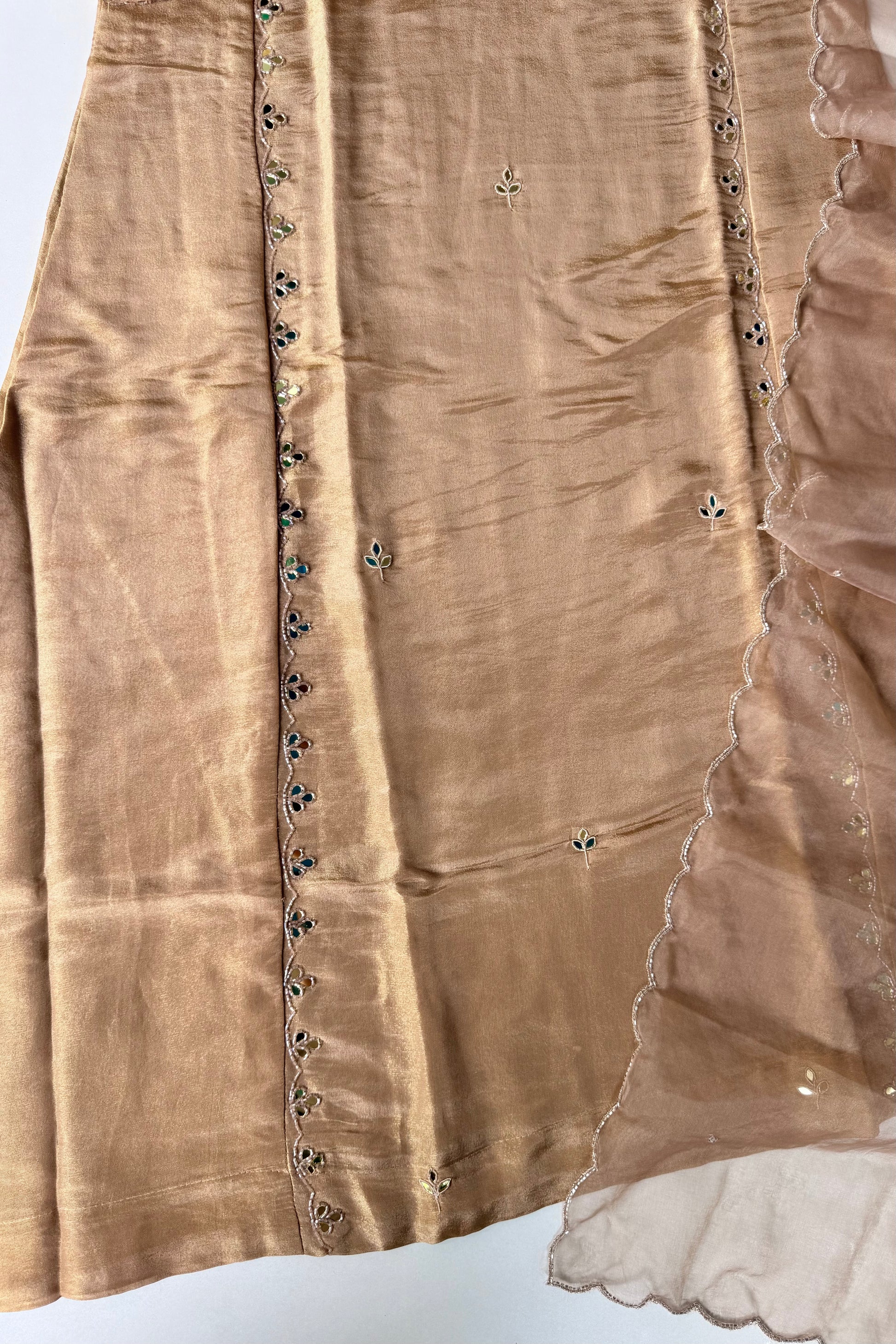 ✨Pearl – Premium Gold Beige  Mirror Work Tissue A Line Kurta Set