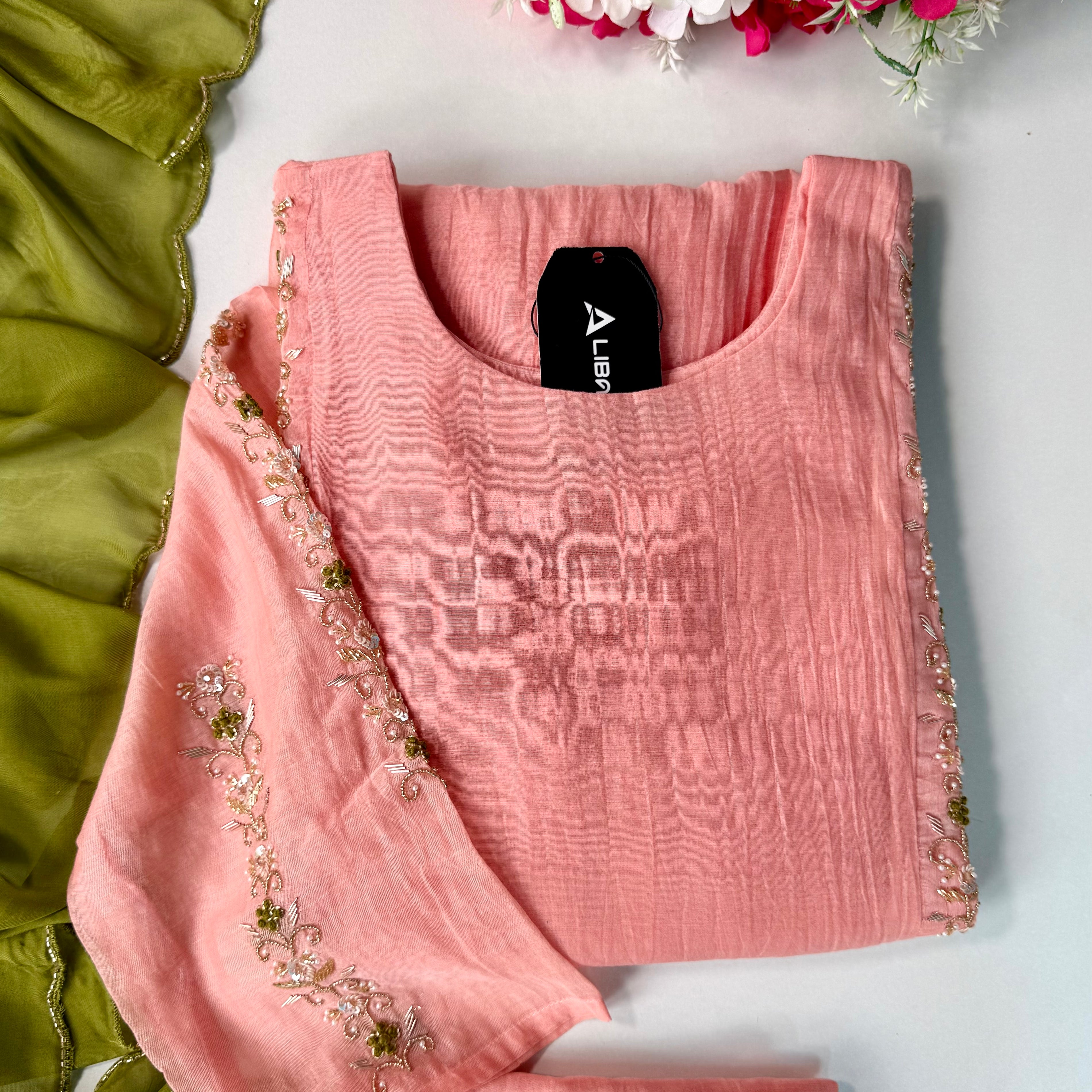 ✨ Princi- Premium Coral Rose Mul Chanderi Anarkali Kurta Set