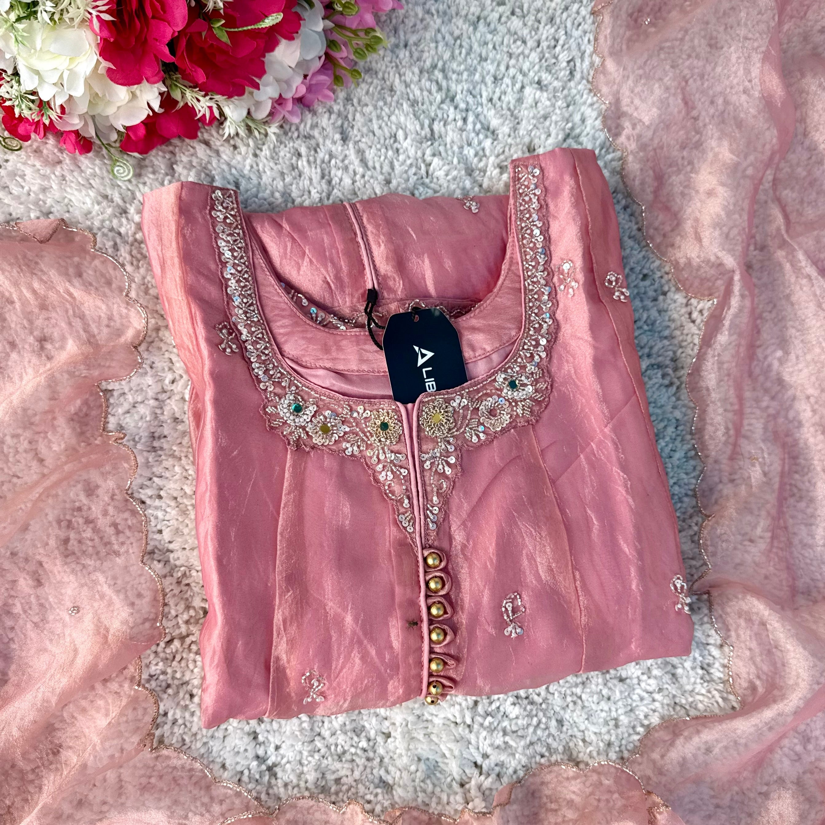 ✨Aiyana- Rose Pink Crushed Tissue Heavy Anarkali Kurta Set