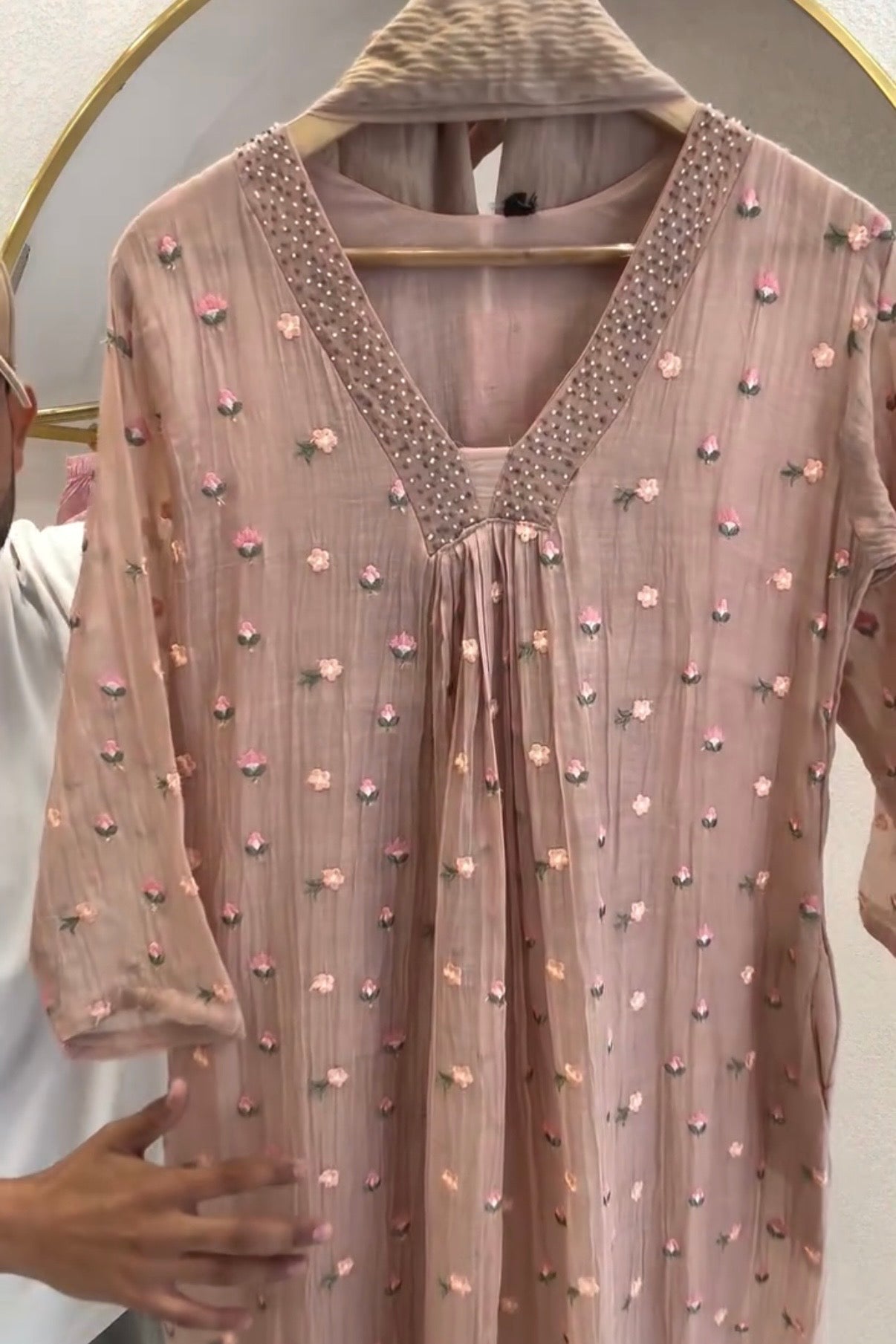✨”Aafiya – Premium Mul Chanderi Floral Handwork A-Line Kurta Set