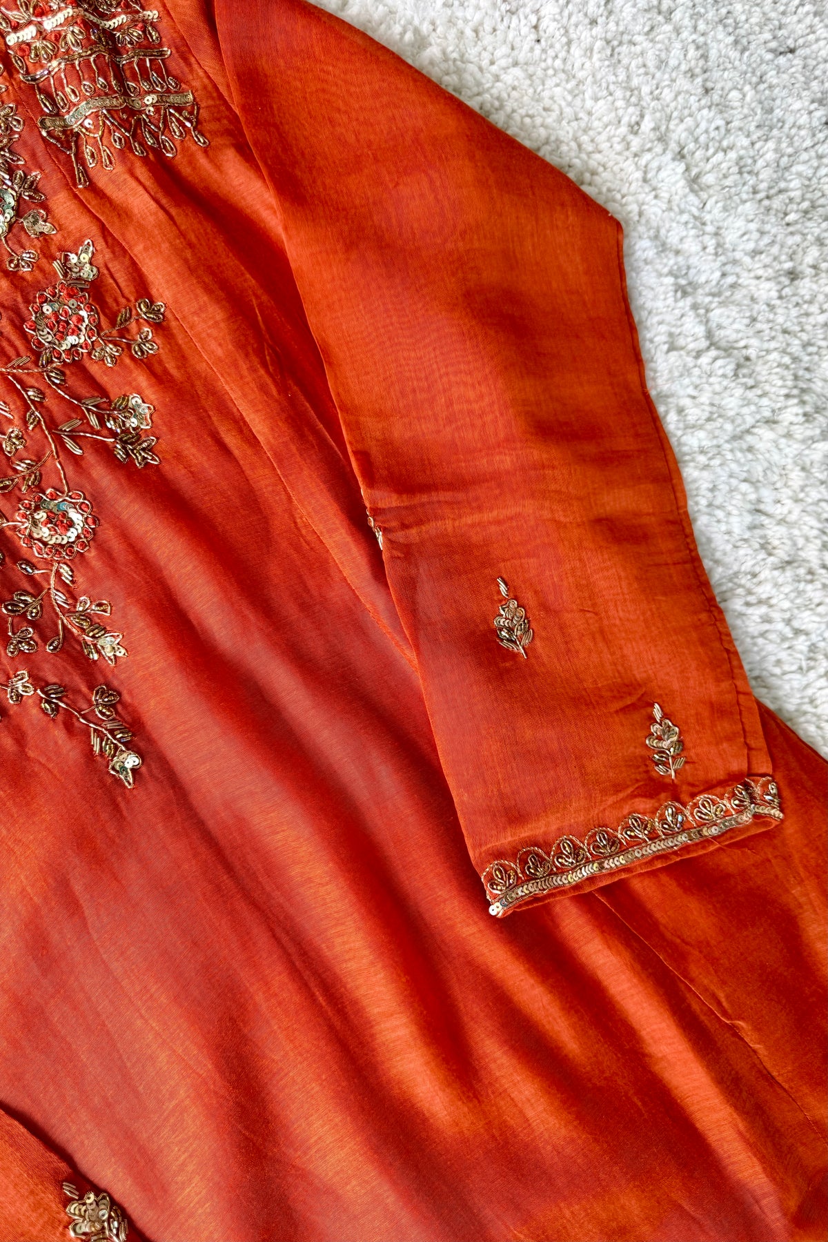 ✨Daisy - Premium Ornage Mul Chanderi A-Line Anarkali Kurta set