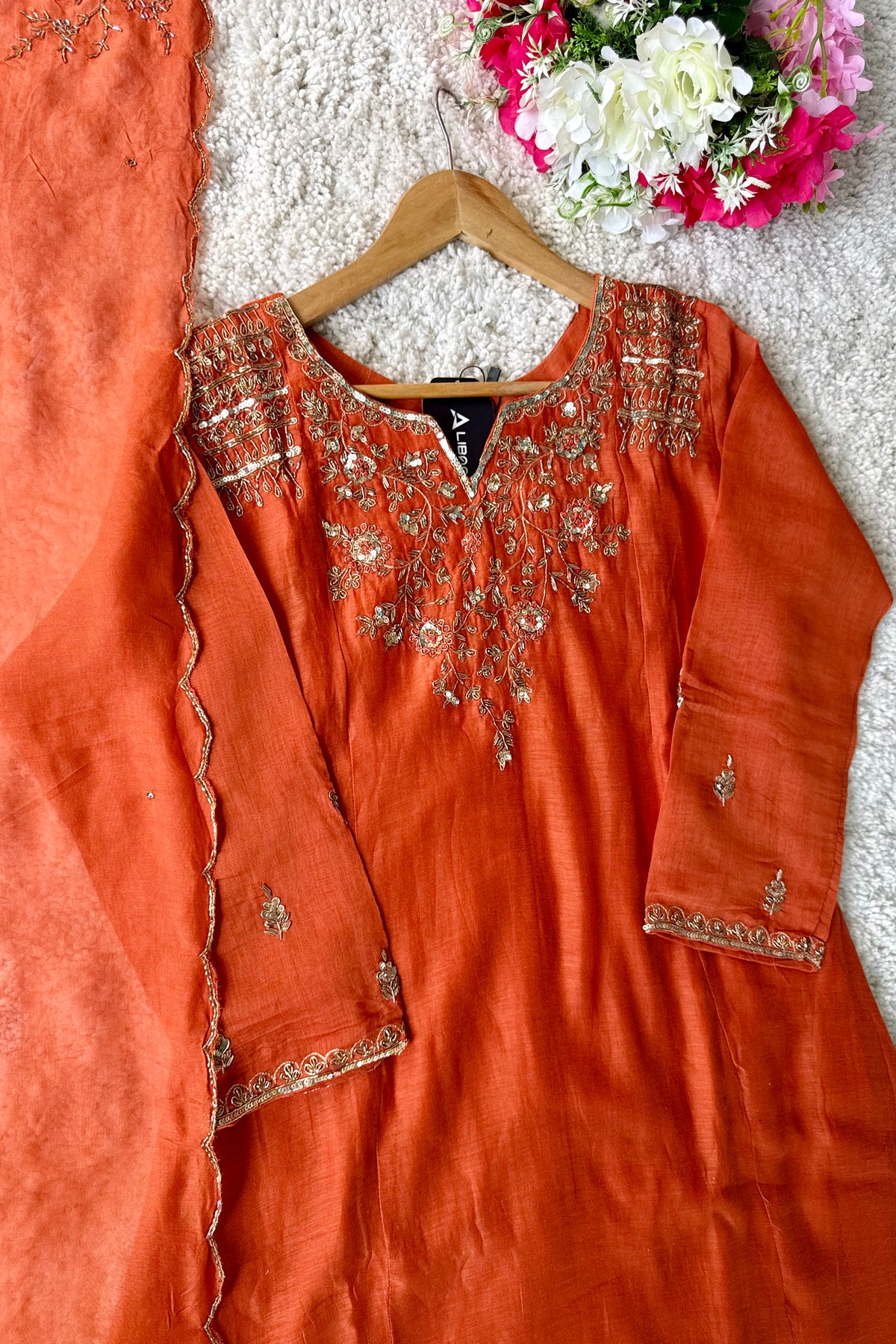✨Daisy - Premium Ornage Mul Chanderi A-Line Anarkali Kurta set