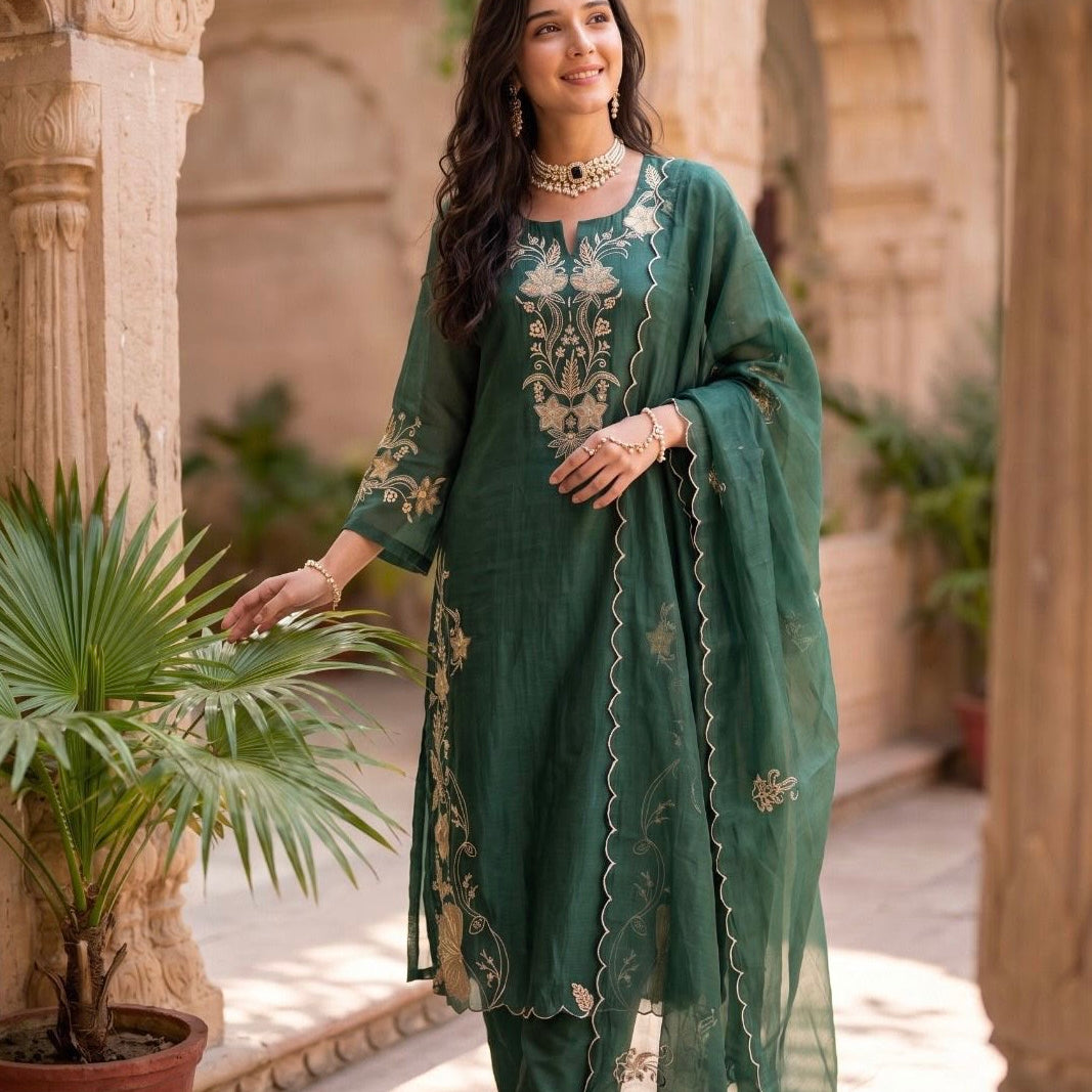 ✨Navira - Green Banaras mul chanderi Embroidered Straight Kurta Set