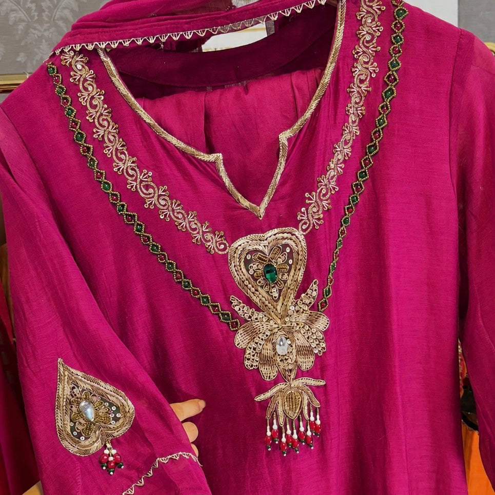 ✨”Falak - Premium Pink Mul Chanderi A-Line Kurta Set