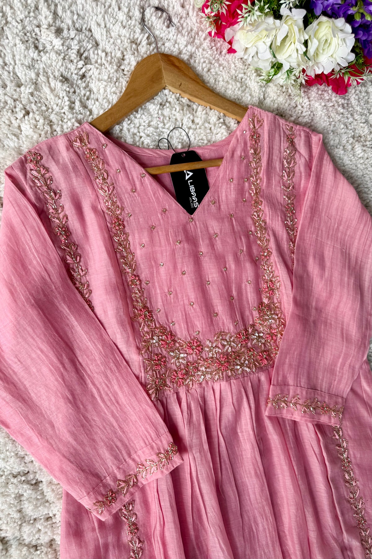 “Ayza” Premium Blush Rose Pink  Mul Chanderi A Line Suit set