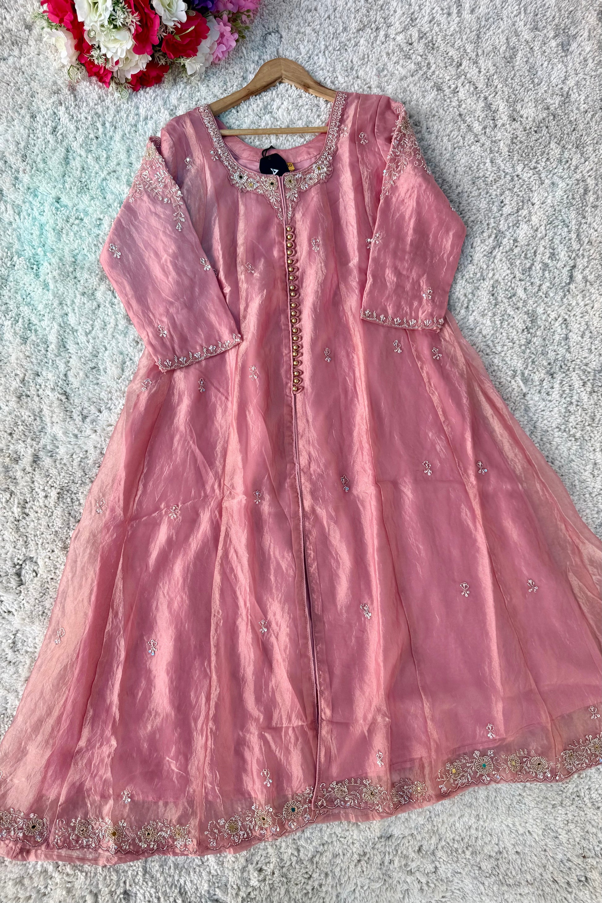 ✨Aiyana- Rose Pink Crushed Tissue Heavy Anarkali Kurta Set