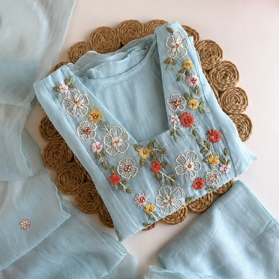 💙”Mayra – Premium Mul Chanderi A-Line Kurta Set