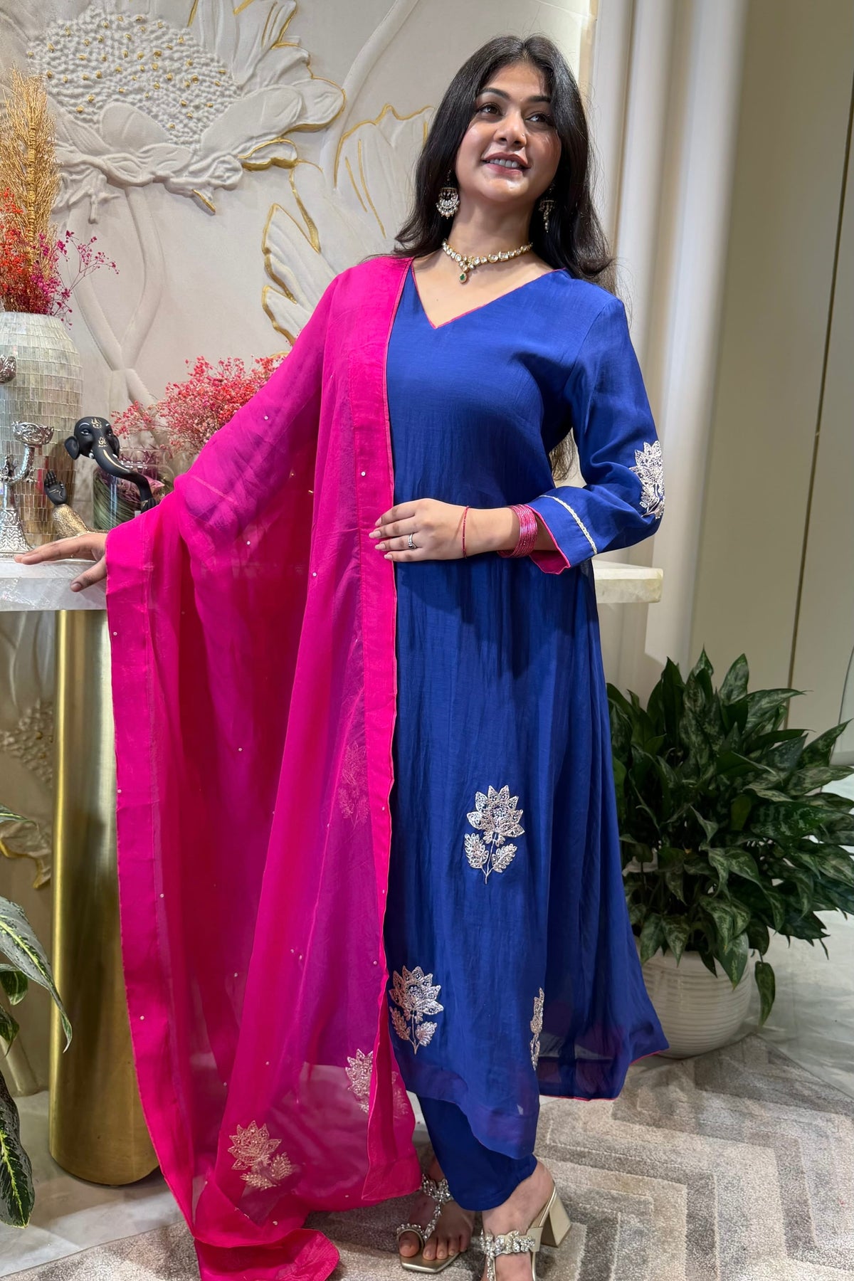 ✨Vedika - Blue Mul Chanderi A-Line Kurta set