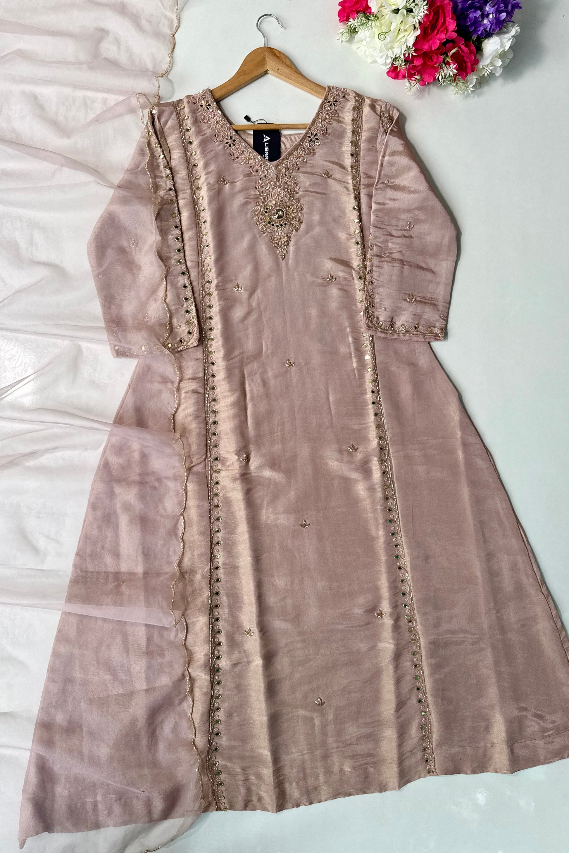 ✨Pearl – Premium Blush Mirror Work Tissue A Line Kurta Set
