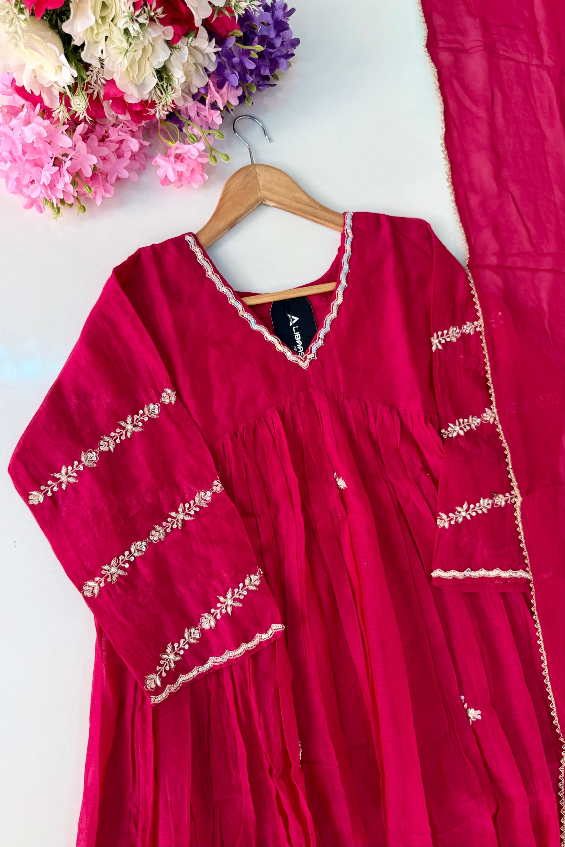 ❤️Princess – Premium Pink Mul Chanderi A Line Kurta Set