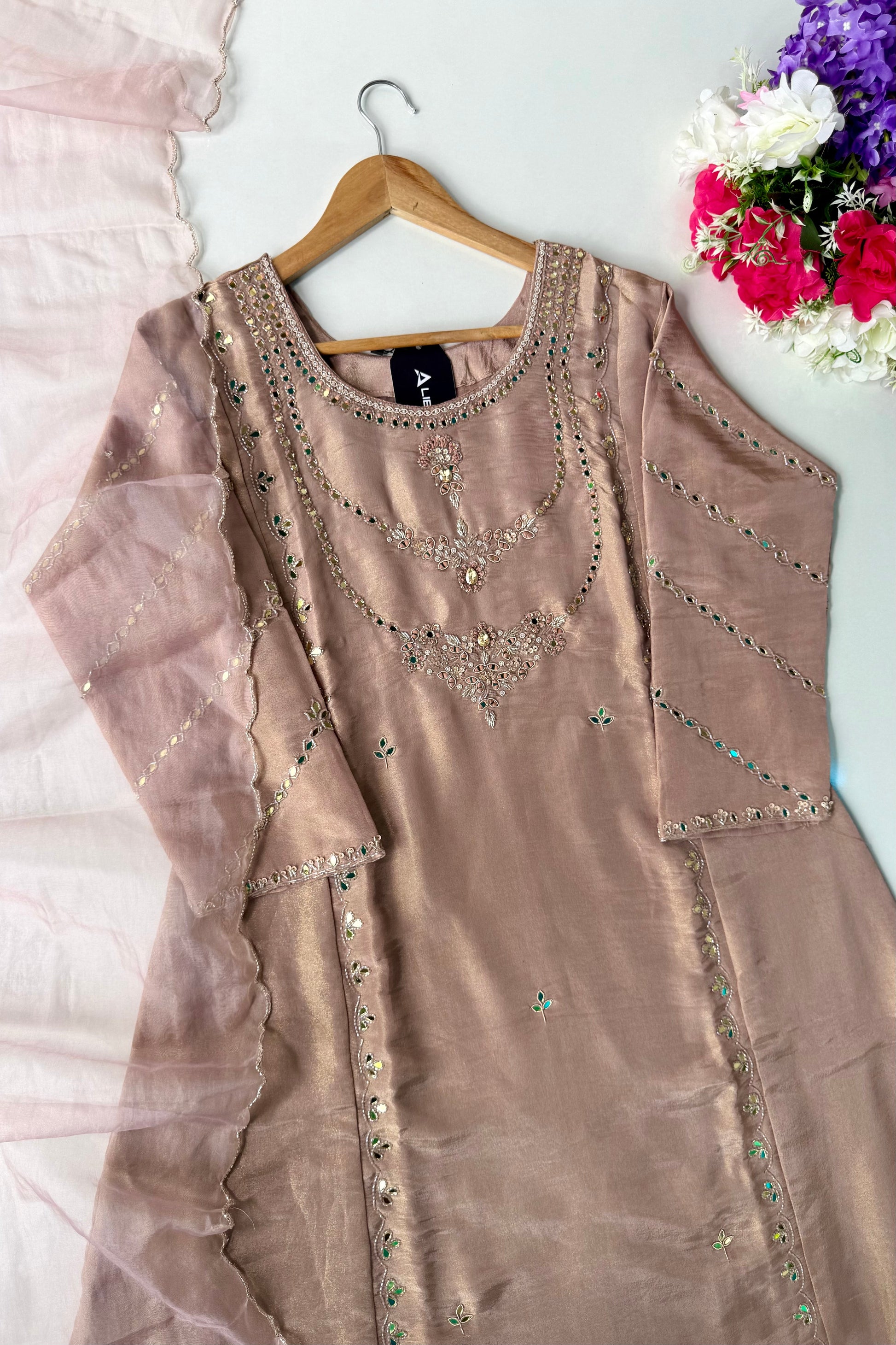 ✨Pearl – Premium Blush Mirror Work Tissue A Line Kurta Set