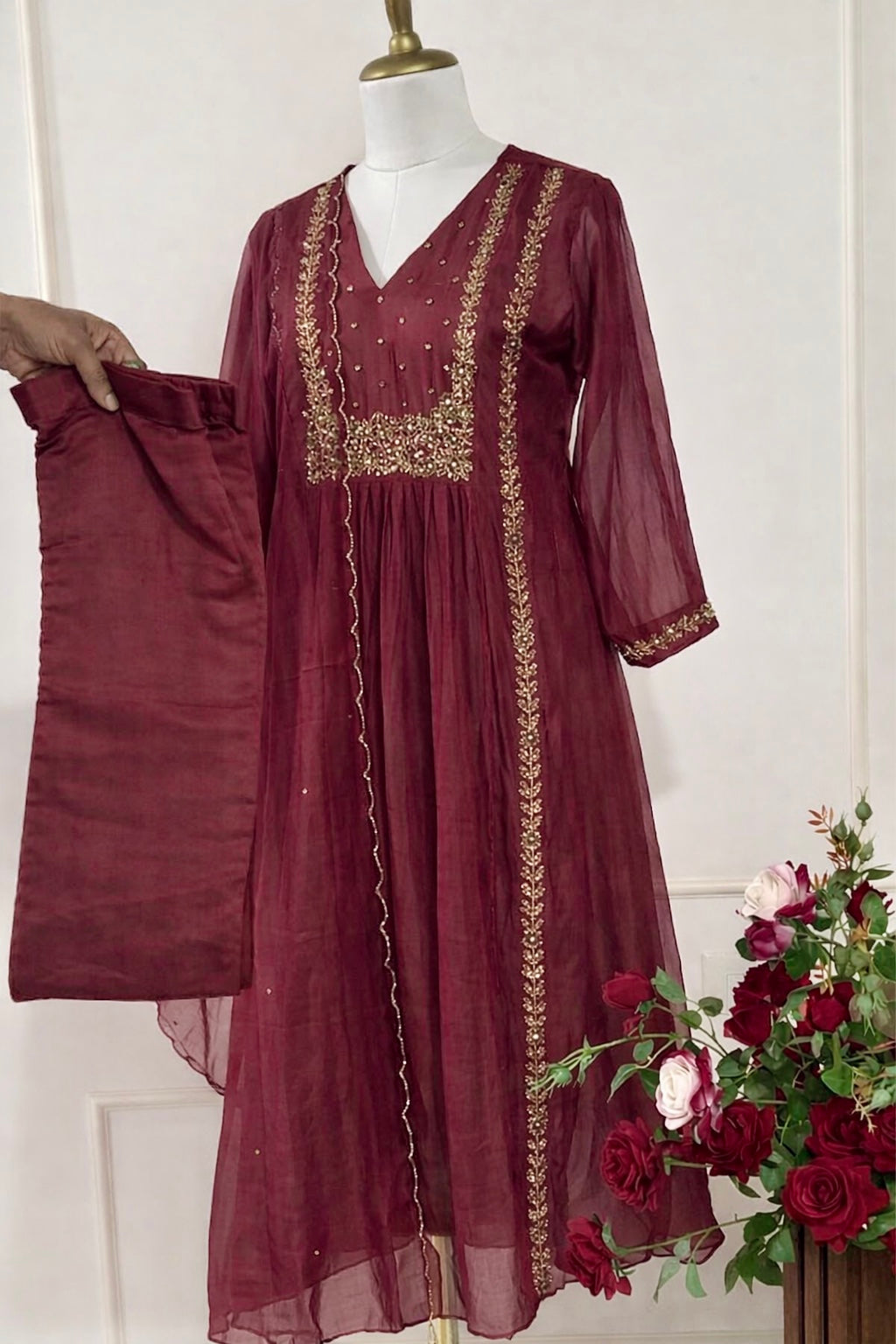 “Ayza” Premium Maroon Mul Chanderi A Line Suit set 🛍️