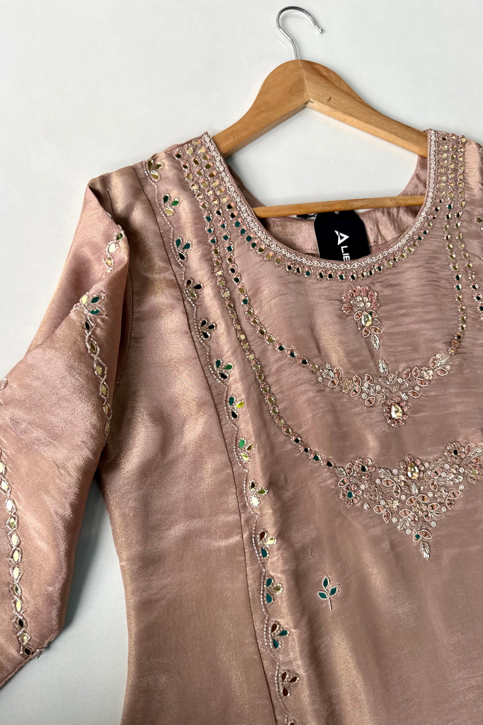 ✨Pearl – Premium Blush Mirror Work Tissue A Line Kurta Set