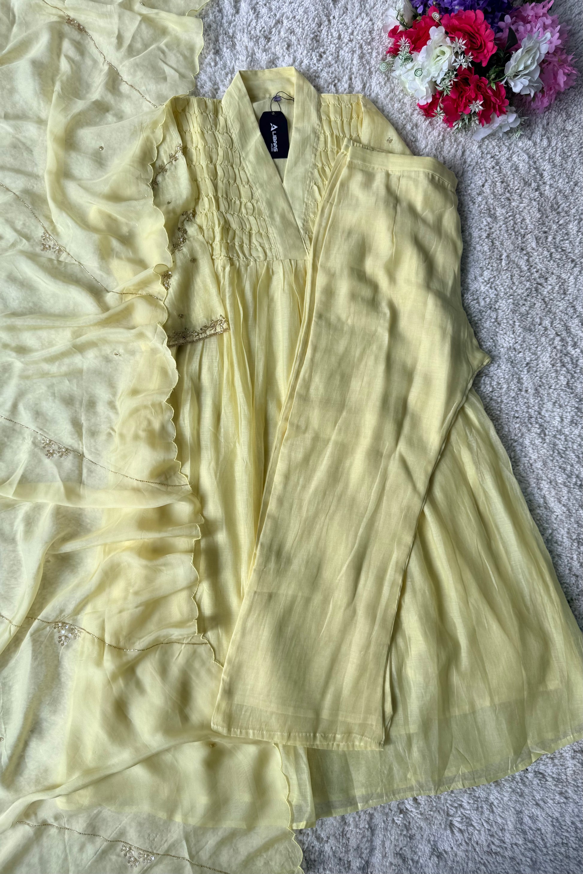 ✨Umang- Premium Yellow Mul Chanderi Anarkali Kurta Set