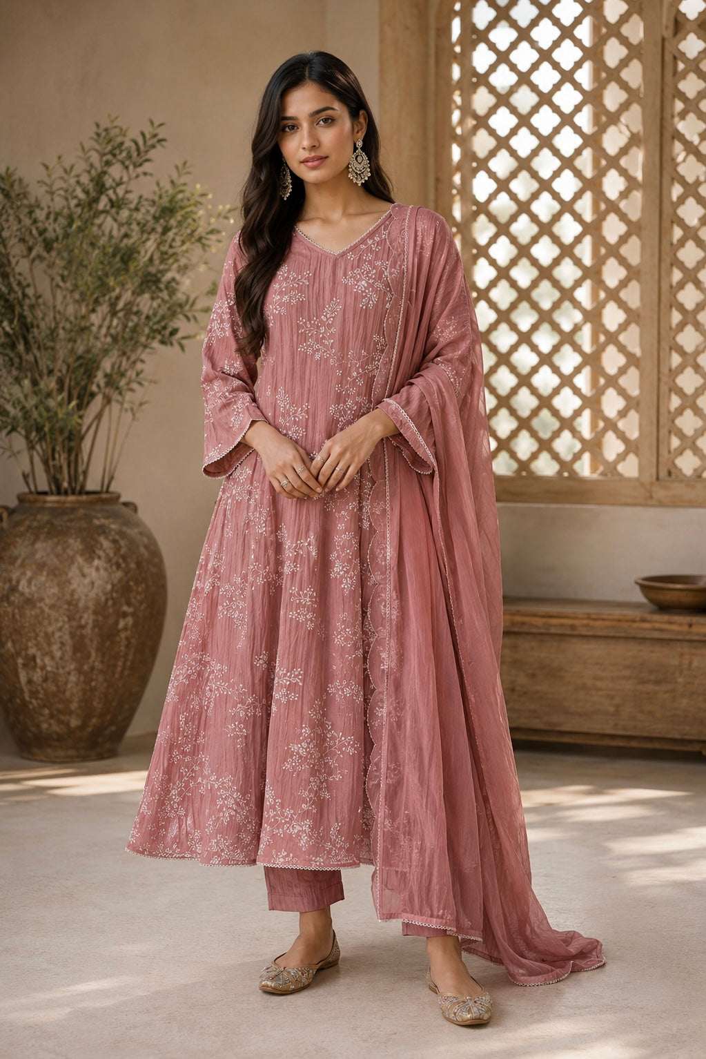 “Elina” Blossom Pink Crushed Chanderi A Line Suit set 🛍️