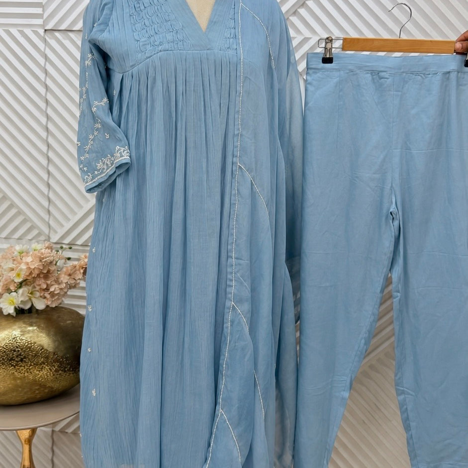 ✨Umang- Pre Book Premium Blue Mul Chanderi Anarkali Kurta Set