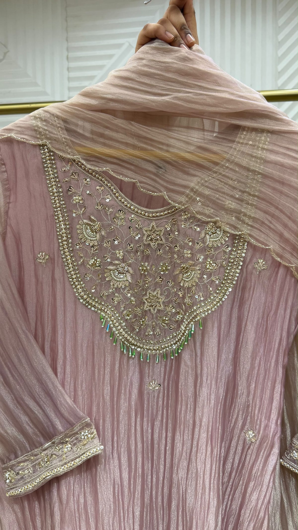 ✨Iqra - Mauve Pink Crushed Tissue A-Line Kurta set