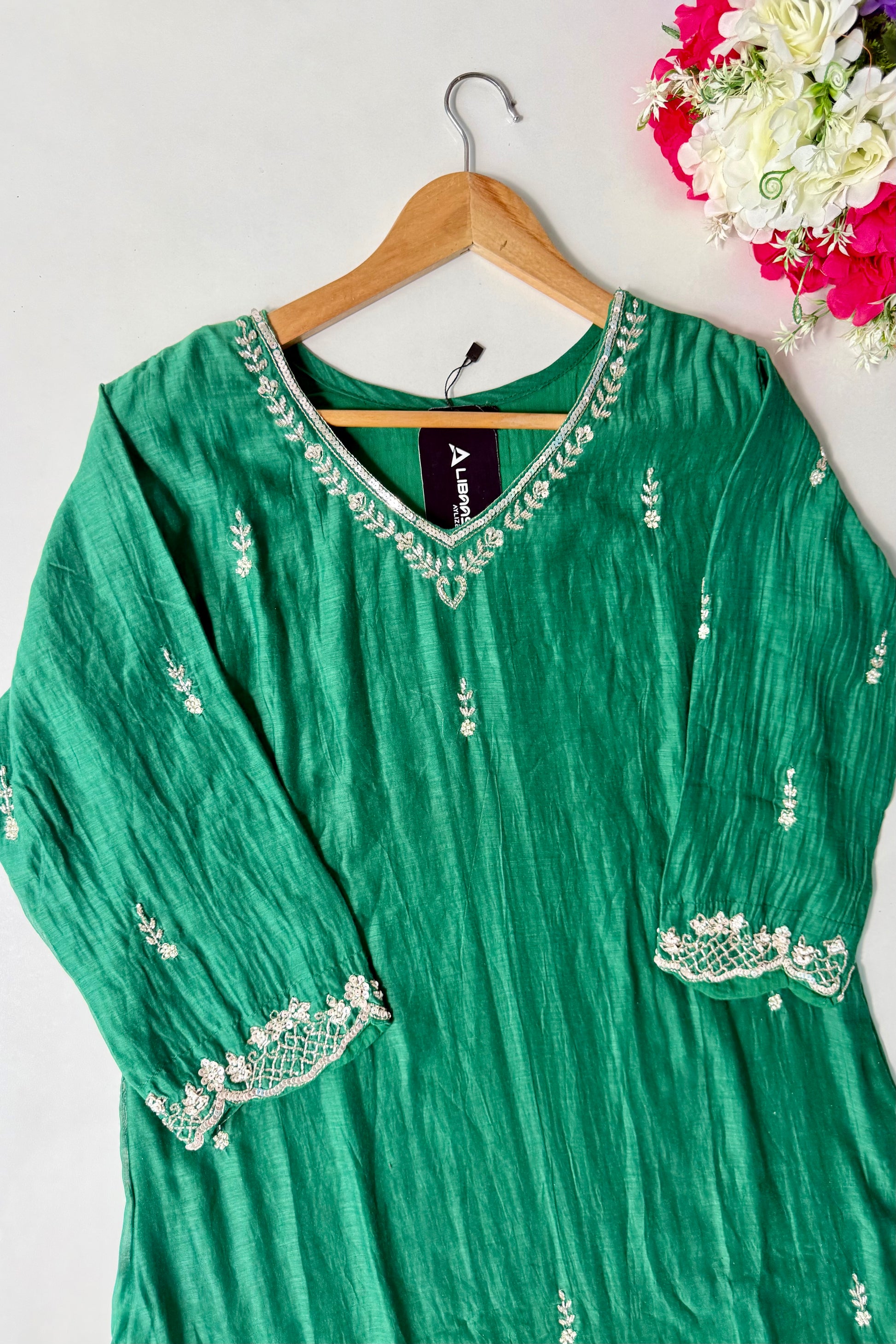 ✨”Eshal - Premium Green Mul Chanderi A-Line Kurta Set