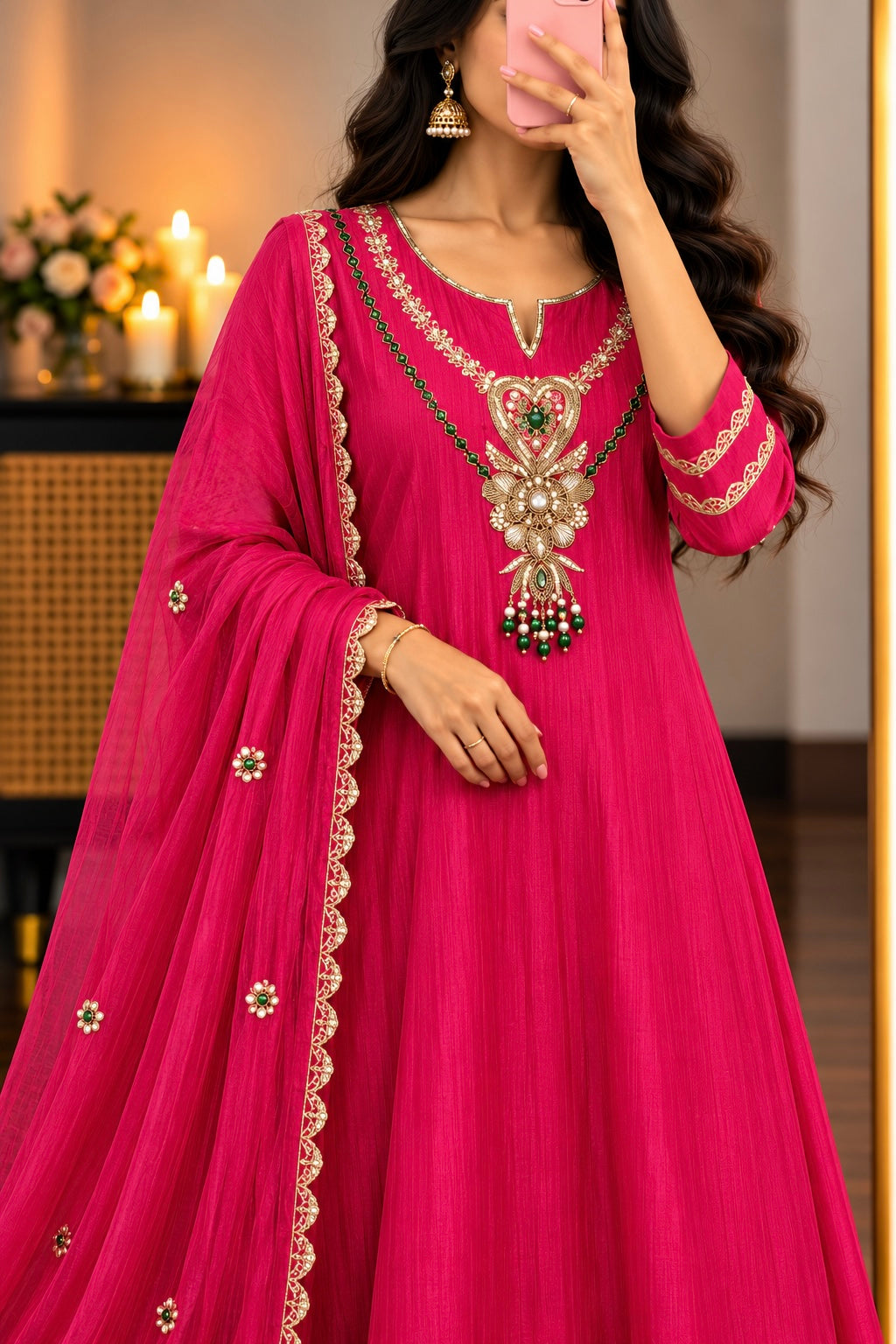 “Diamond” Trending Premium Pink  Mul Chanderi A Line Suit set