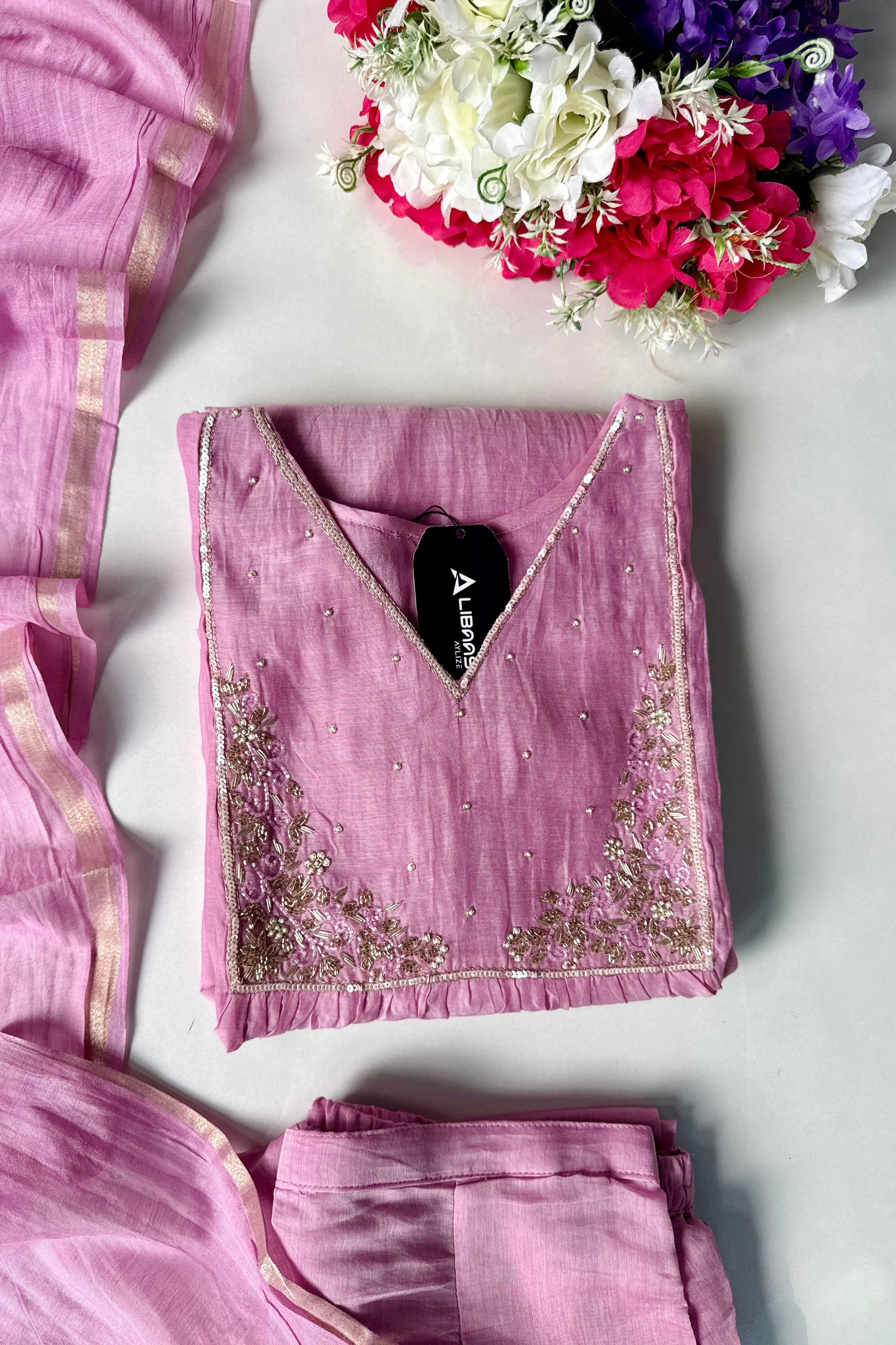 ✨ Gulnoor – Lilac Mauve Mul Chanderi A-Line Kurta Set with Dupatta