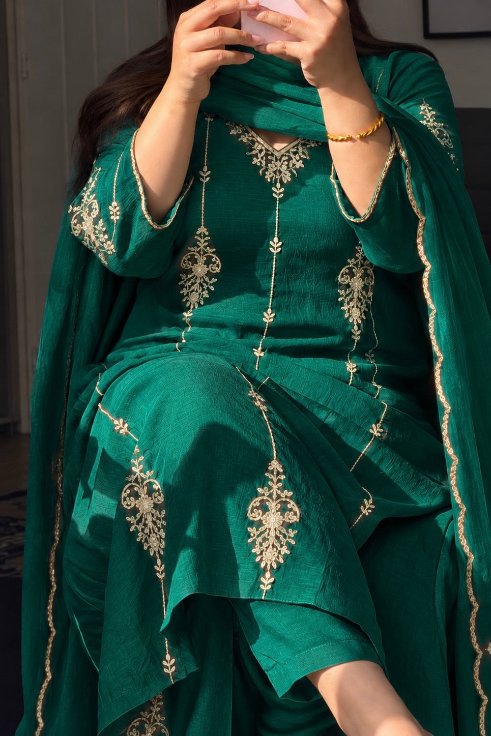 ✨Rida - Diwali Special Green  Mul Chanderi A-Line Kurta Set