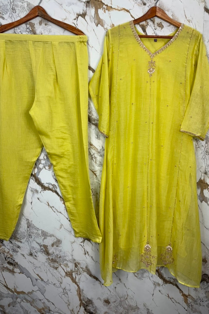🛍️ Chandni - Lime Green Mul Chanderi A Line Suit set