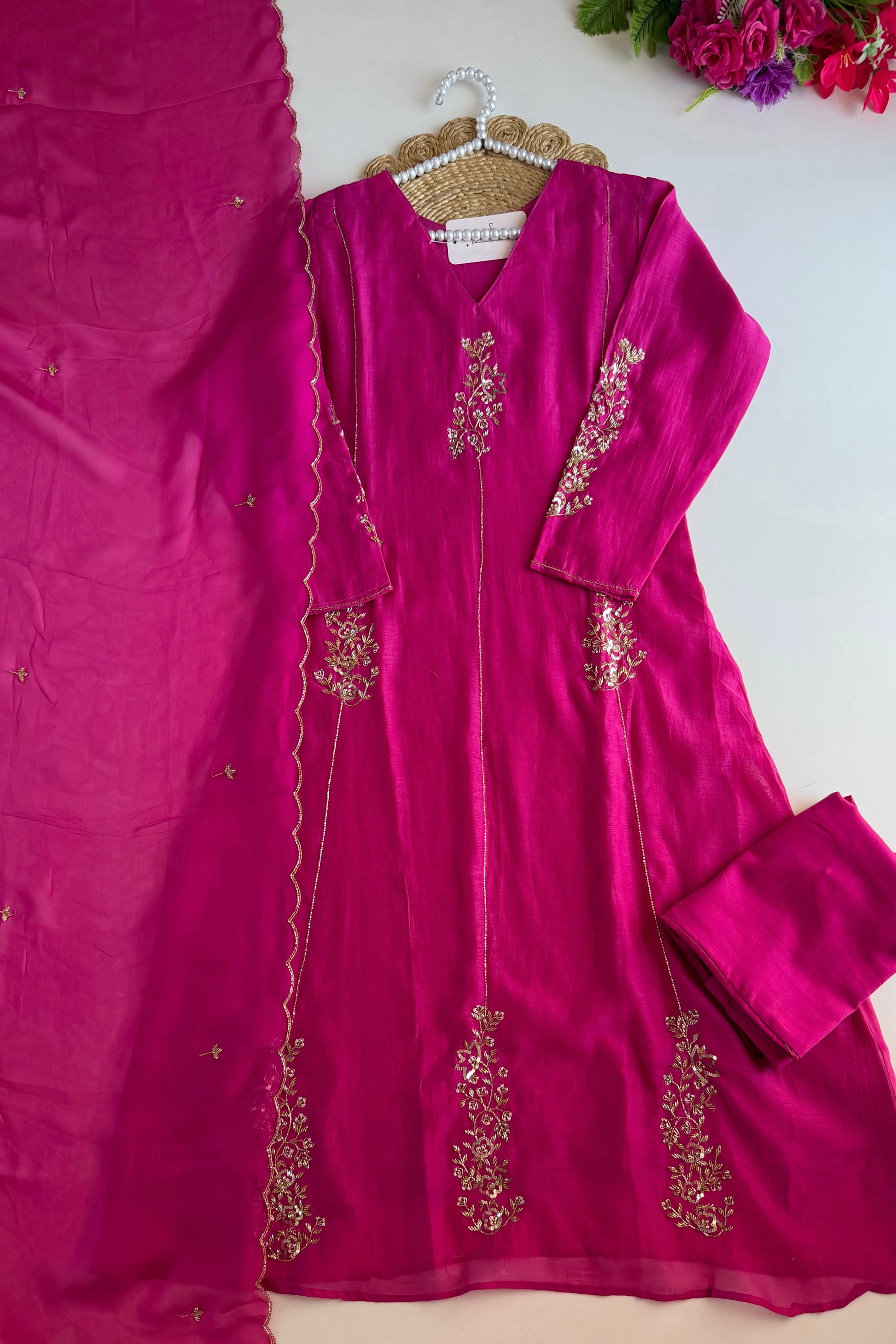 ✨”Rida - Premium Pink Mul Chanderi A-Line Kurta Set