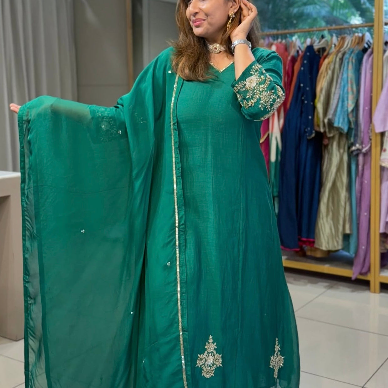 ✨”Amaya - Premium Green Mul Chanderi A-Line Kurta Set
