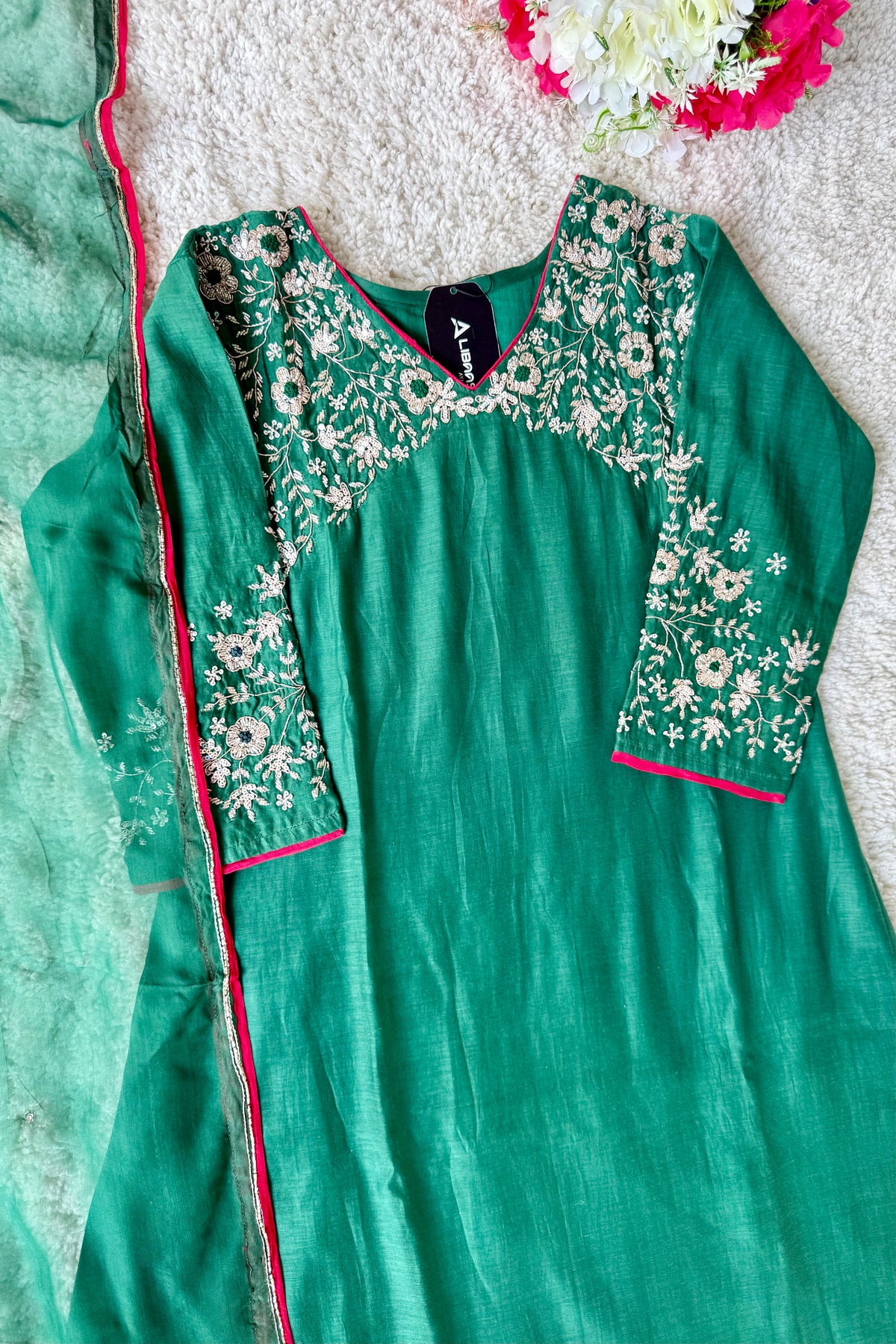 ✨Myra - Premium Green Mul Chanderi A-Line Anarkali Kurta set