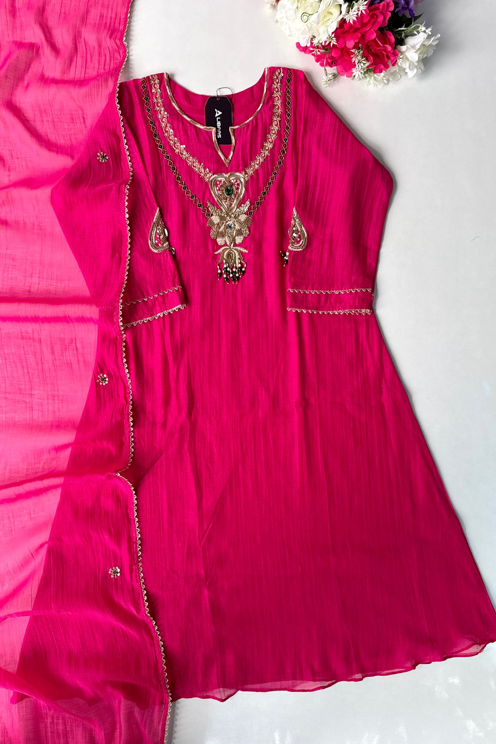 “Diamond” Trending Premium Pink  Mul Chanderi A Line Suit set 🛍️