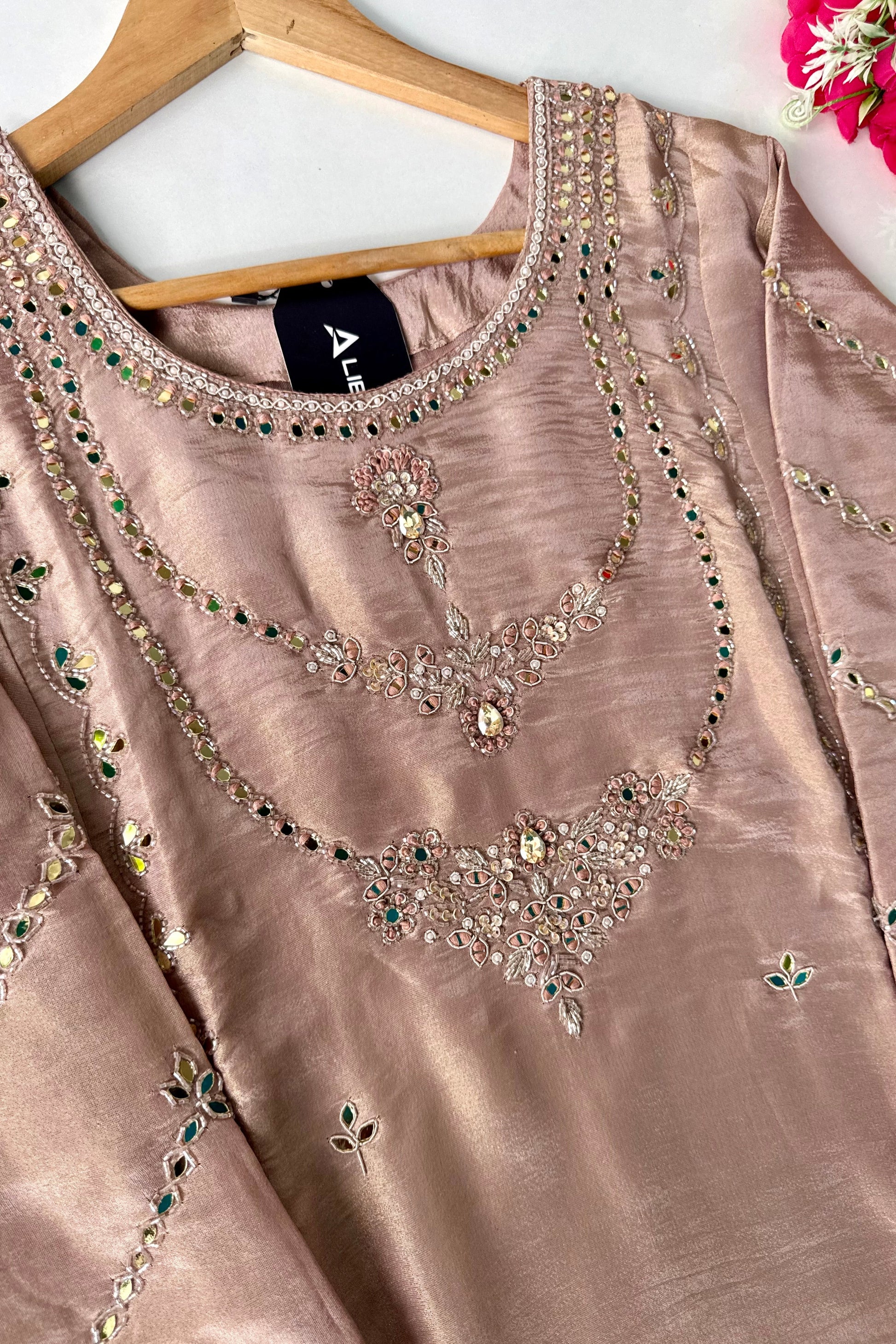 ✨Pearl – Premium Blush Mirror Work Tissue A Line Kurta Set