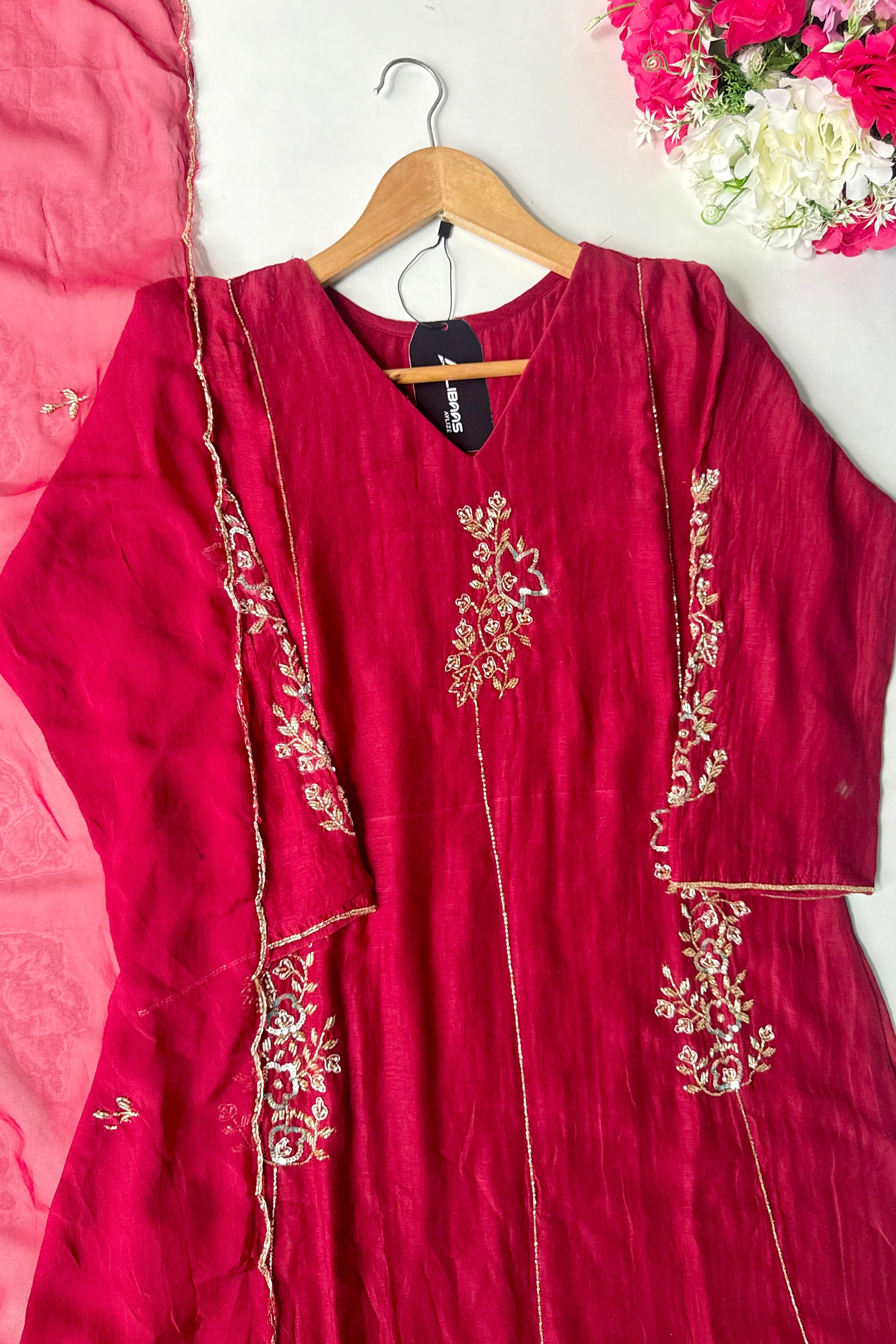 ✨”Rida - Premium Red Mul Chanderi A-Line Kurta Set