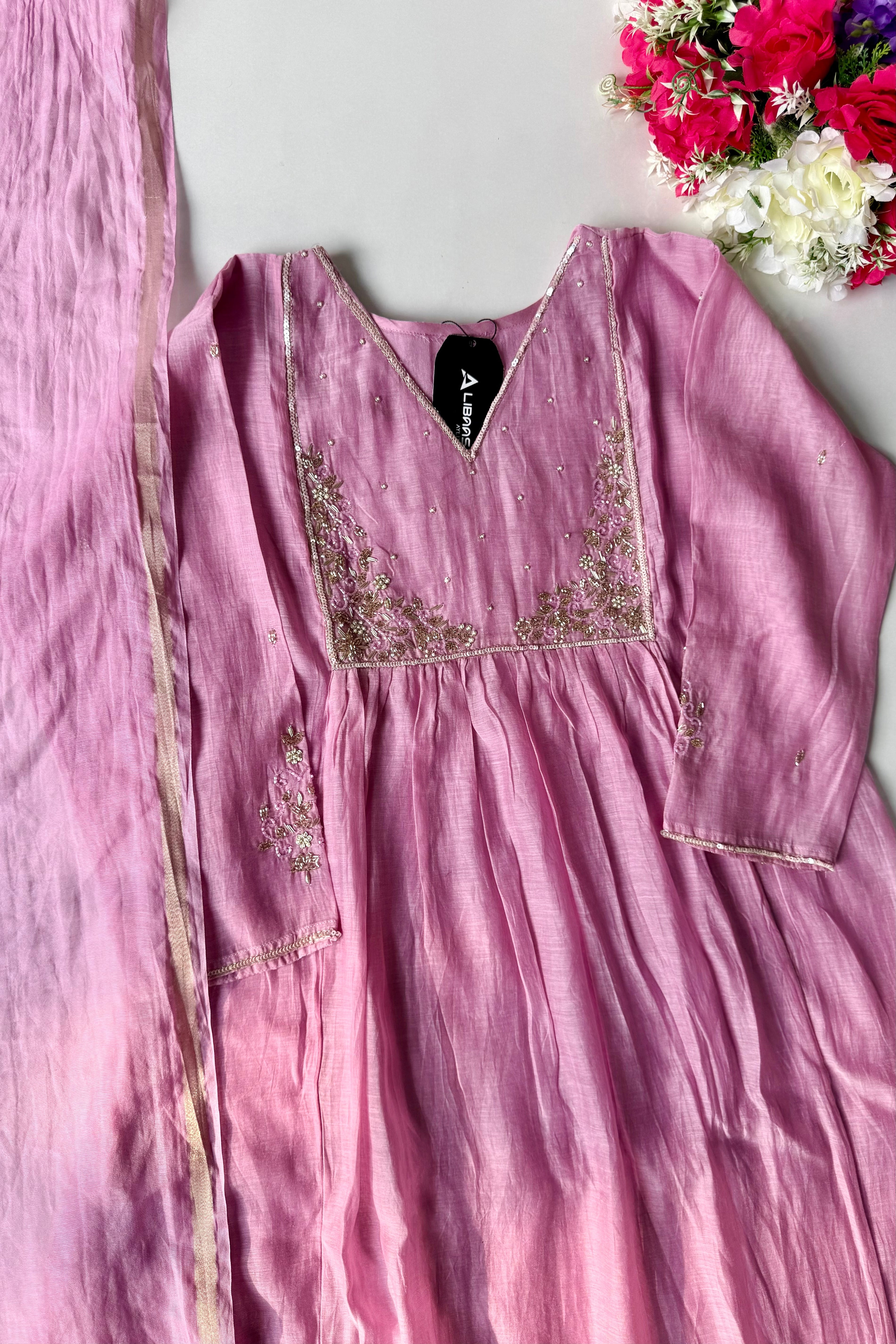 ✨ Gulnoor – Lilac Mauve Mul Chanderi A-Line Kurta Set with Dupatta