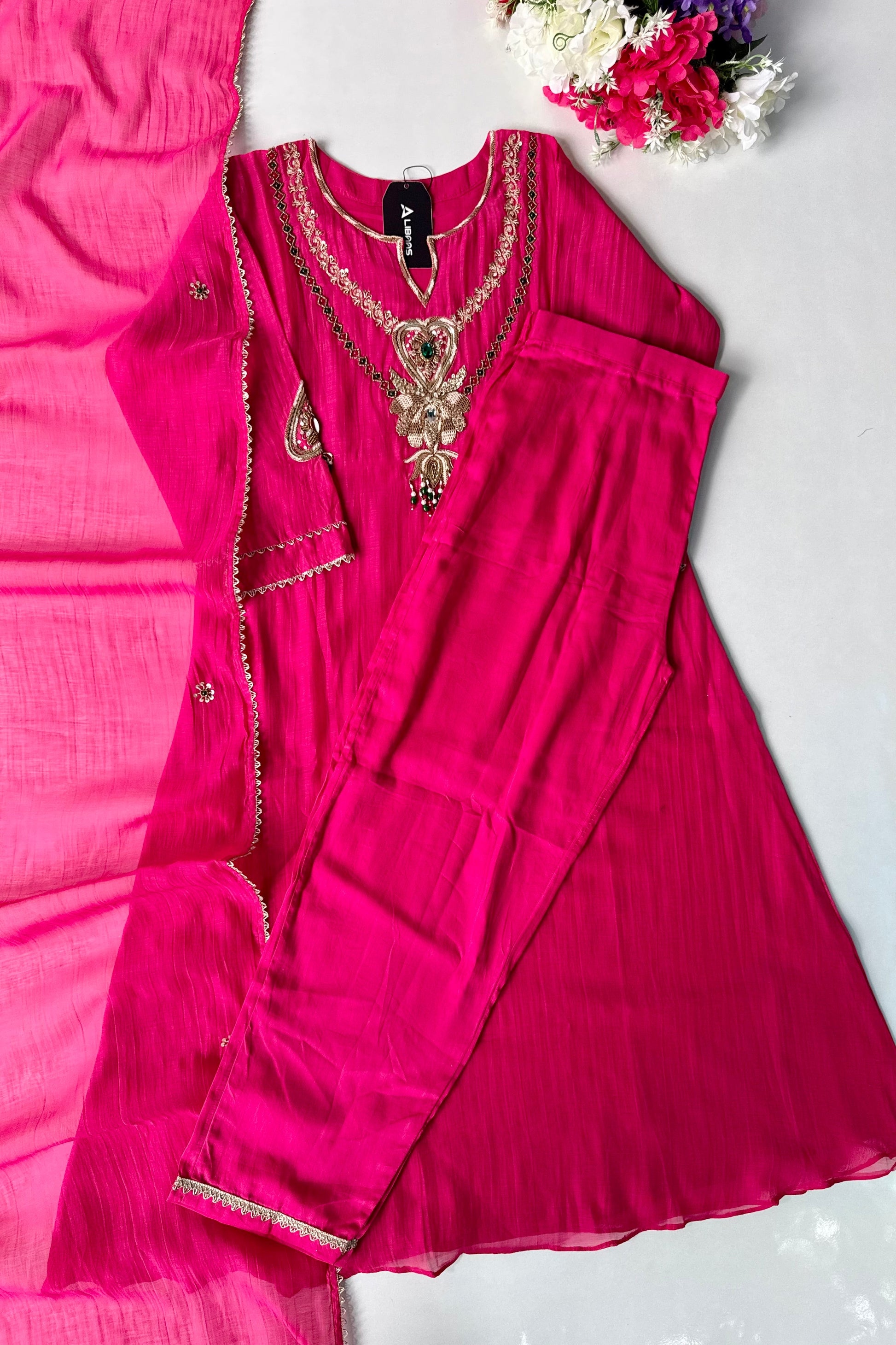 “Diamond” Trending Premium Pink  Mul Chanderi A Line Suit set 🛍️