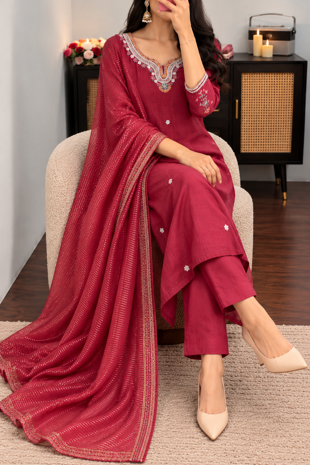 “Bindiya” Deep Rose Mul Chanderi Stright kurta set