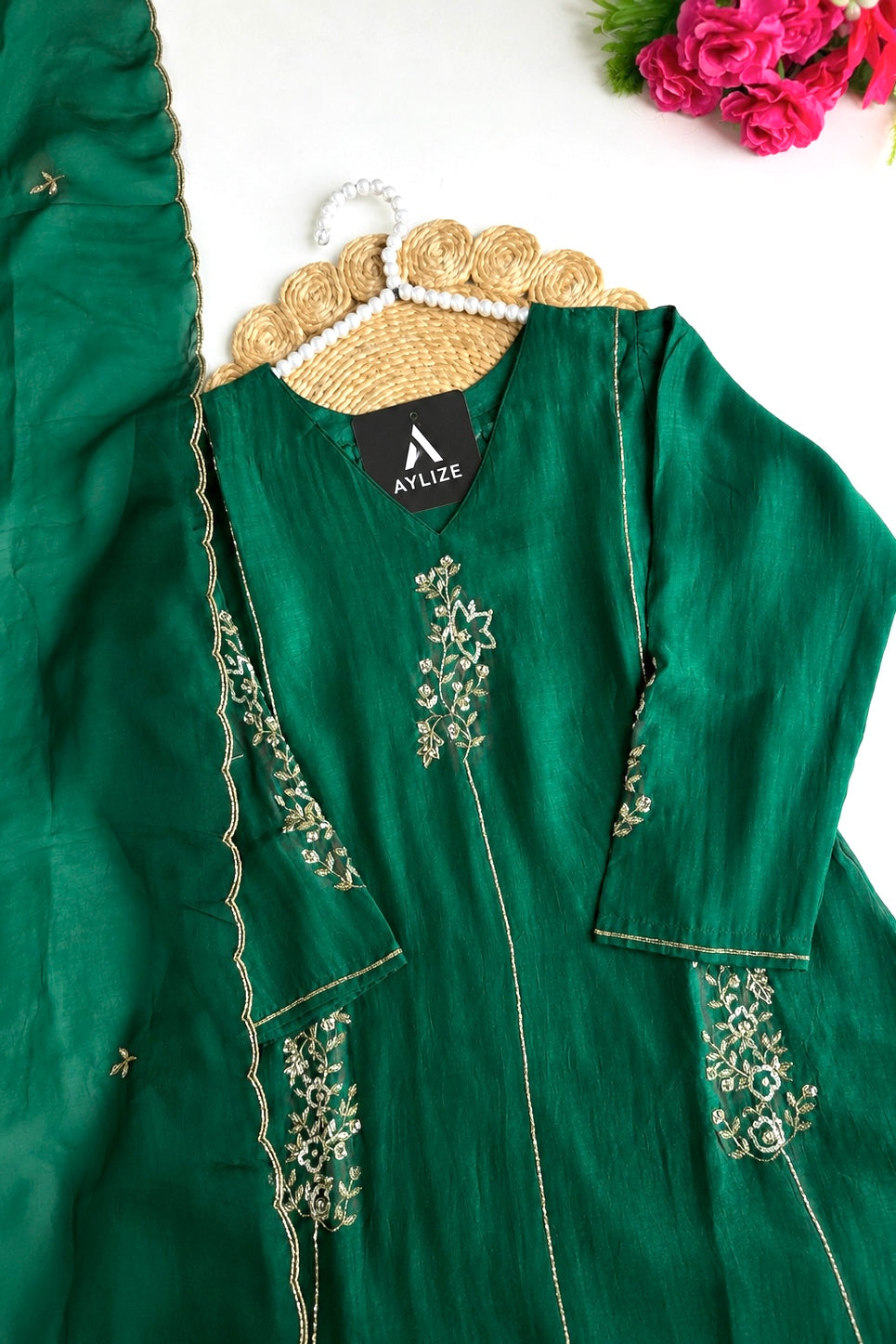 ✨”Rida - Premium Green Mul Chanderi A-Line Kurta Set
